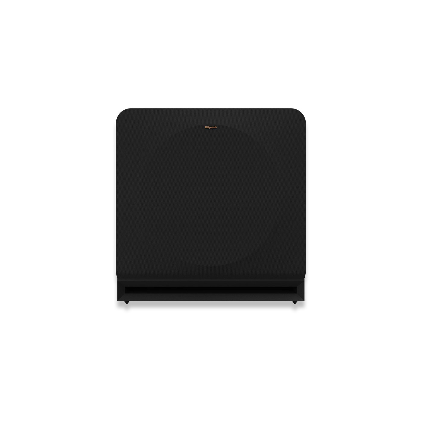 Schwarzer Klipsch Subwoofer mit silbernem Logo auf weißem Hintergrund.
