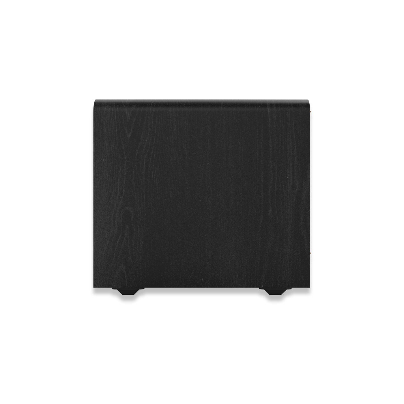 Ein schwarzer Subwoofer auf weißem Hintergrund, mit Holzmaserung.