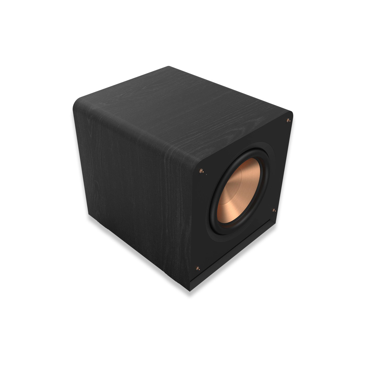 Schwarzer Subwoofer mit kupferfarbenem Lautsprecher auf weißem Hintergrund.