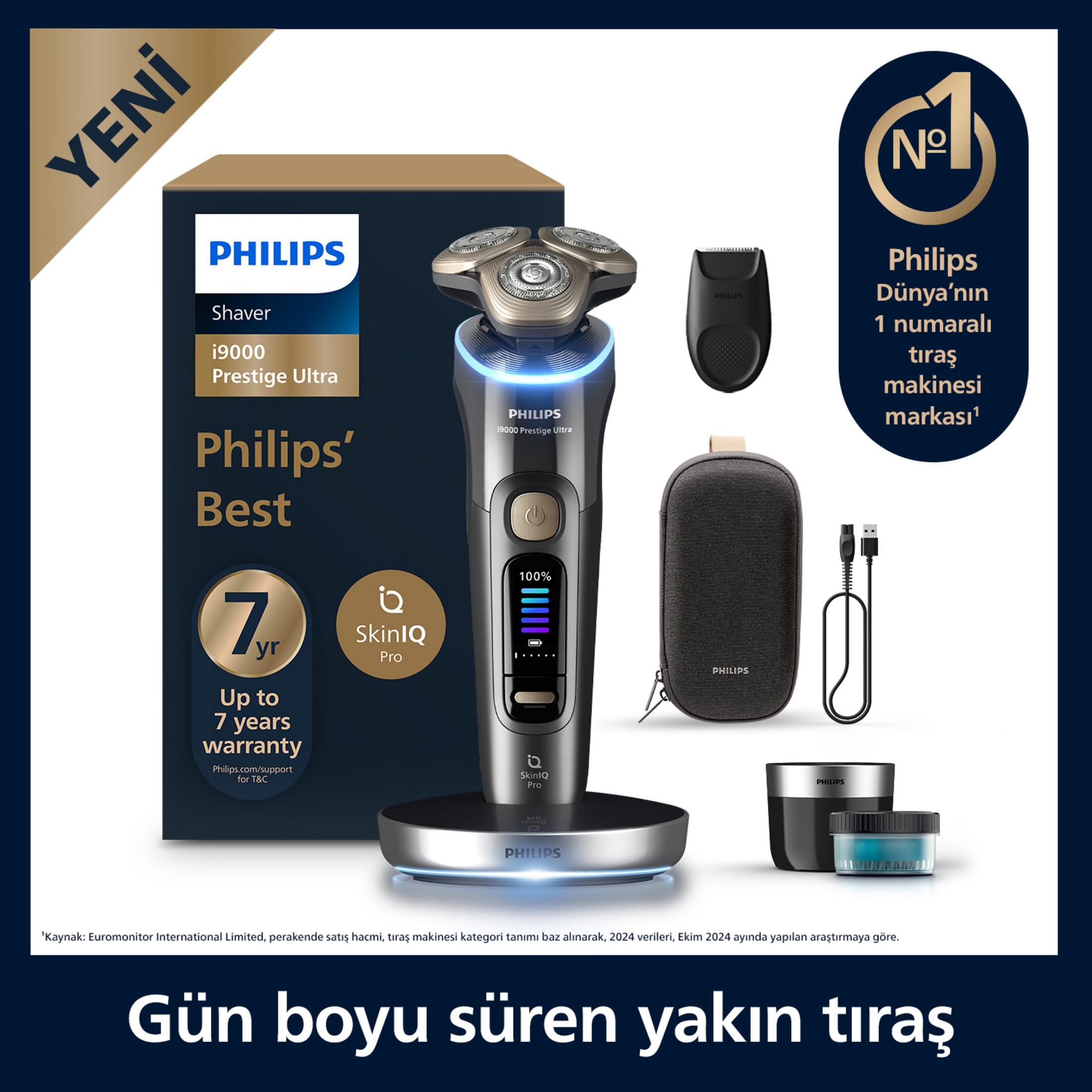 Golarka Philips i9000 Prestige Ultra ze stacją ładującą/czyszczącą i akcesoriami.