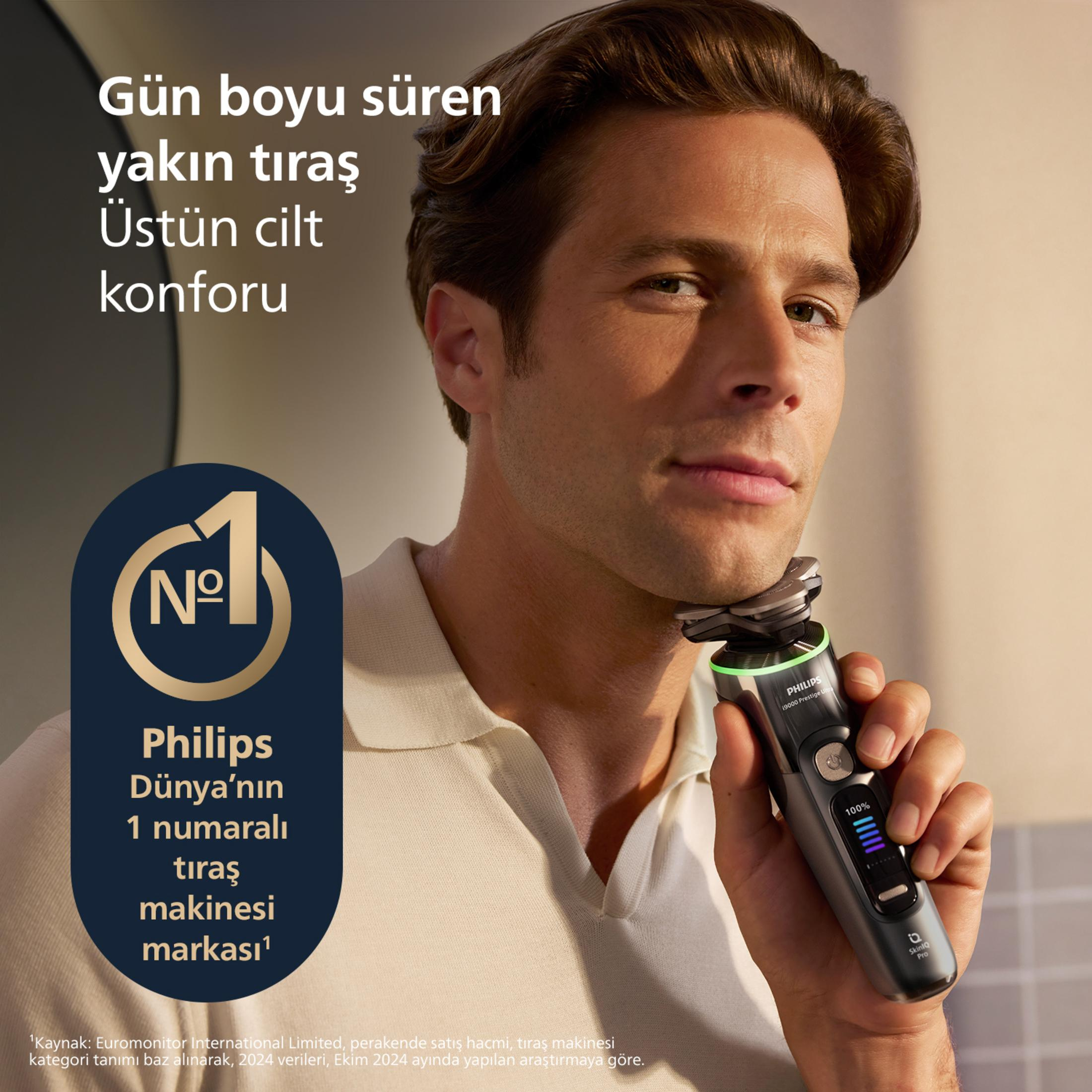 Mężczyzna goli się golarką Philips, z logo nr 1 i tureckim tekstem.
