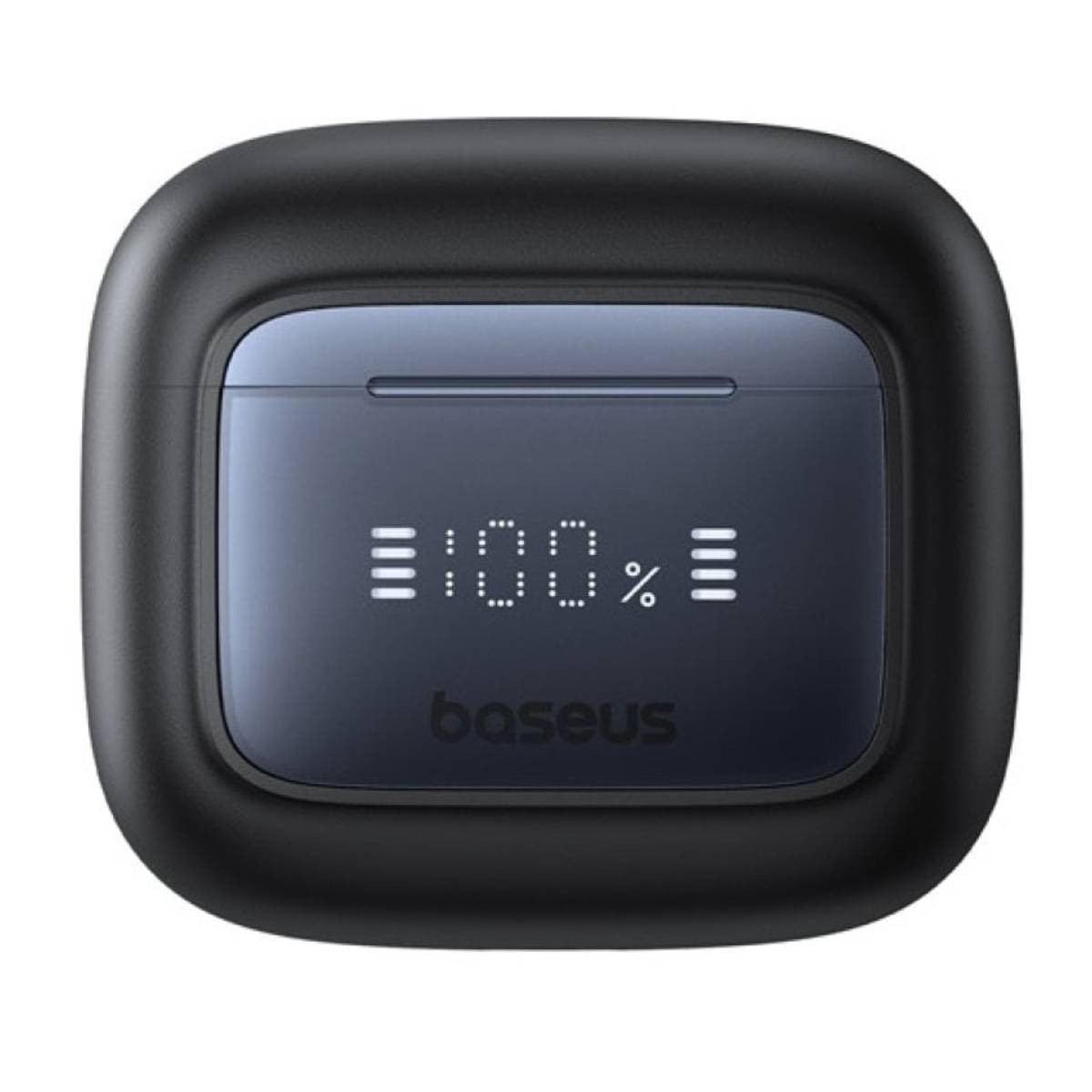 Czarne etui ładujące z cyfrowym wyświetlaczem '100%' i logo Baseus.