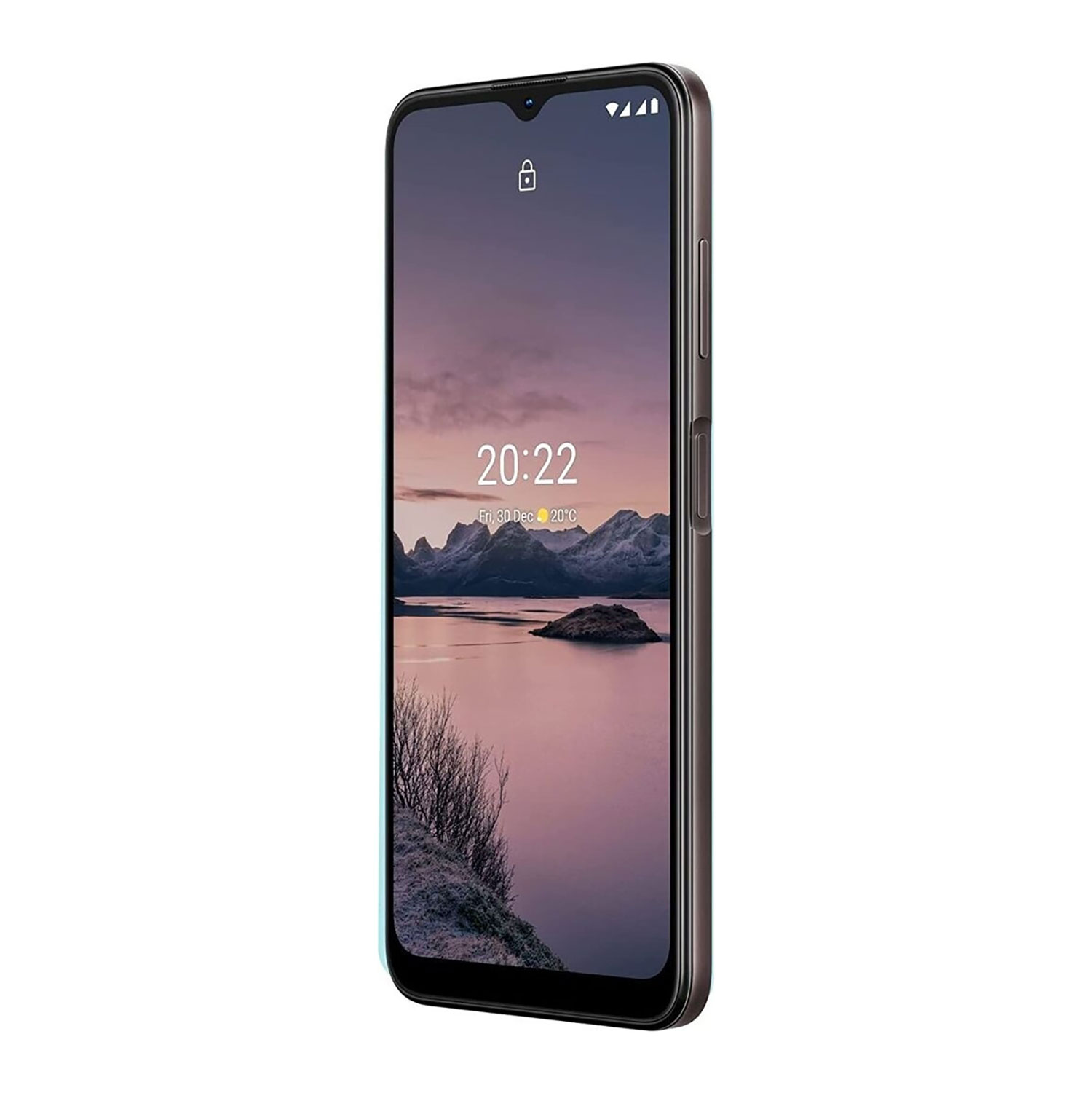 Ein Smartphone mit einem Sperrbildschirm, der eine Berglandschaft und einen See zeigt.