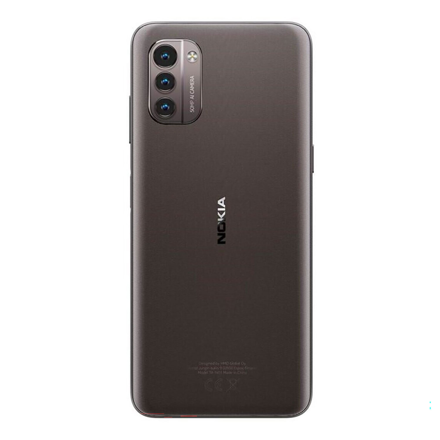 Rückseite eines dunklen Nokia-Smartphones mit drei Kameras und Nokia-Logo.