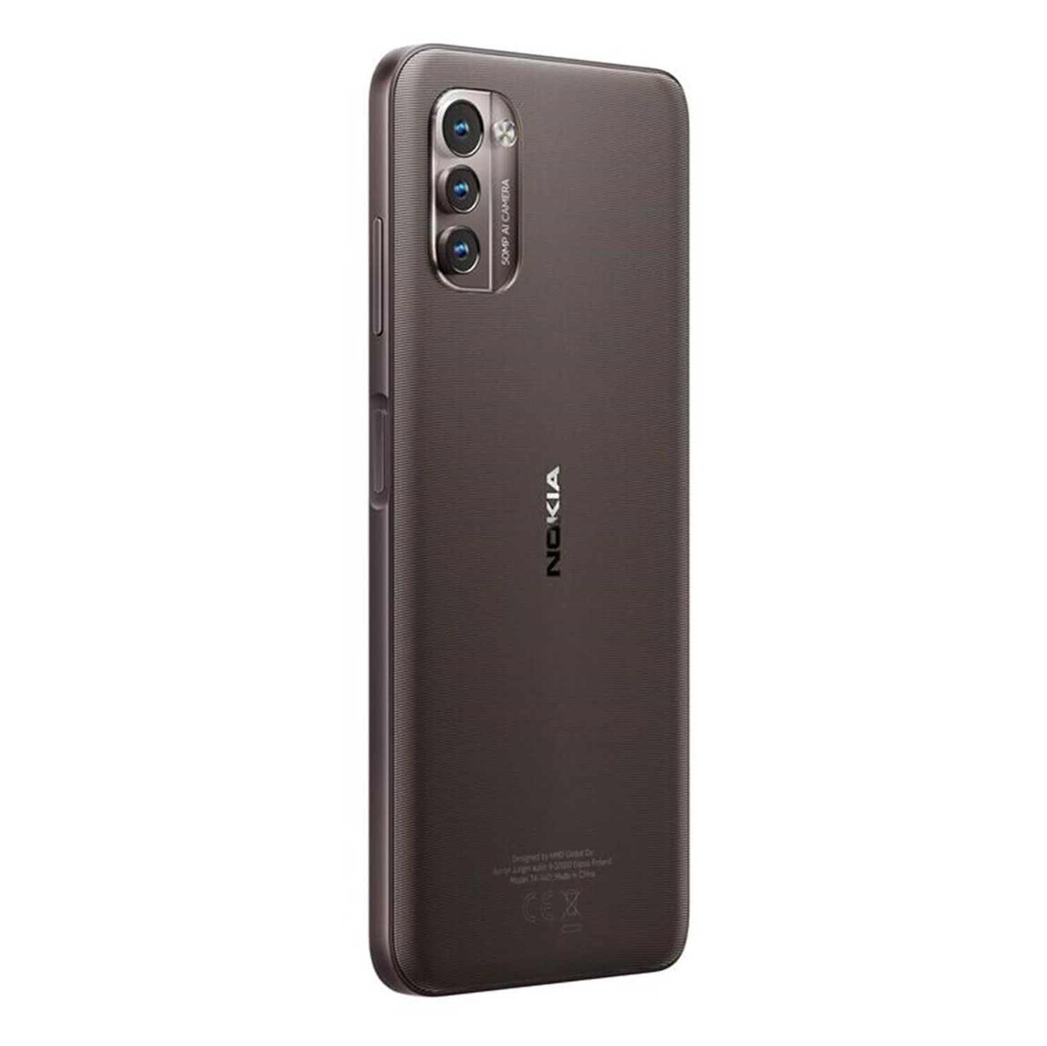 Rückseite eines dunklen Nokia-Smartphones mit drei Kameras und "Nokia"-Logo.