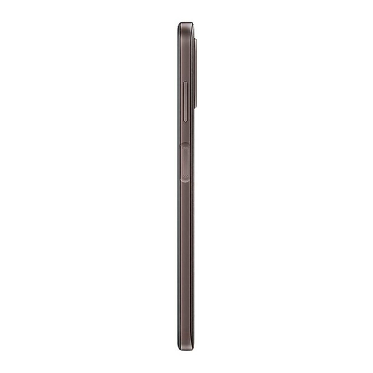 Braunes Smartphone im Profil auf weißem Hintergrund mit sichtbaren Tasten.