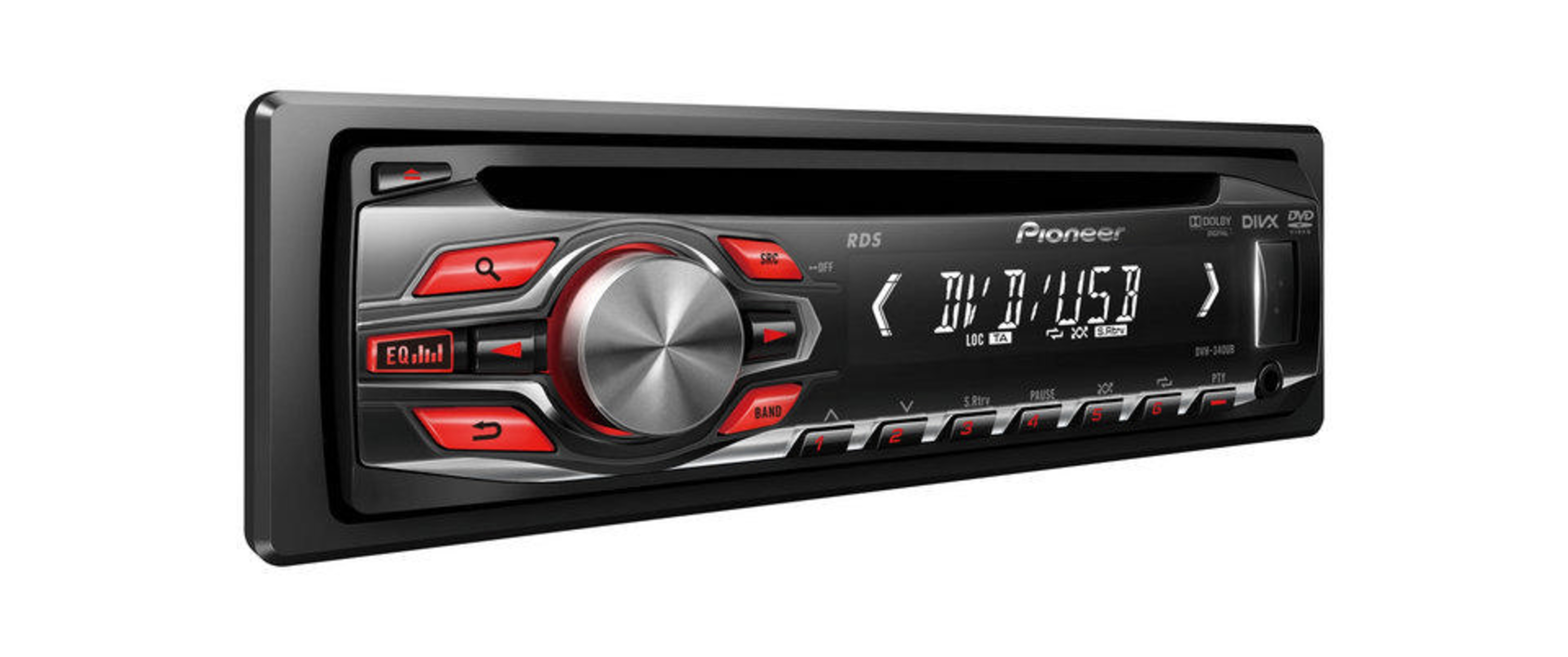 Ein schwarzer Pioneer Autoradio mit silbernem Drehregler und roten Knöpfen.