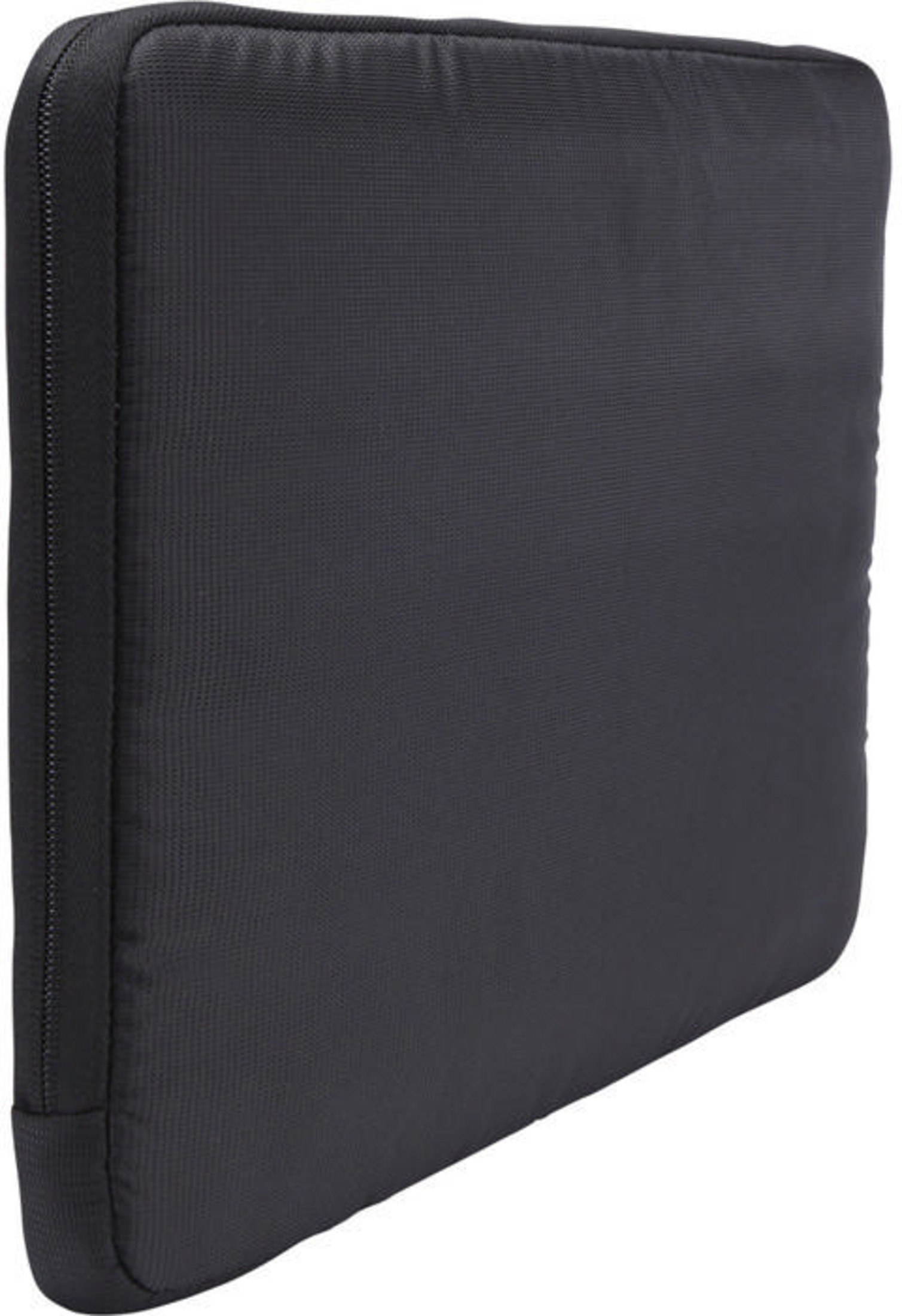 Custodia nera in tessuto per laptop con cerniera, su sfondo bianco.