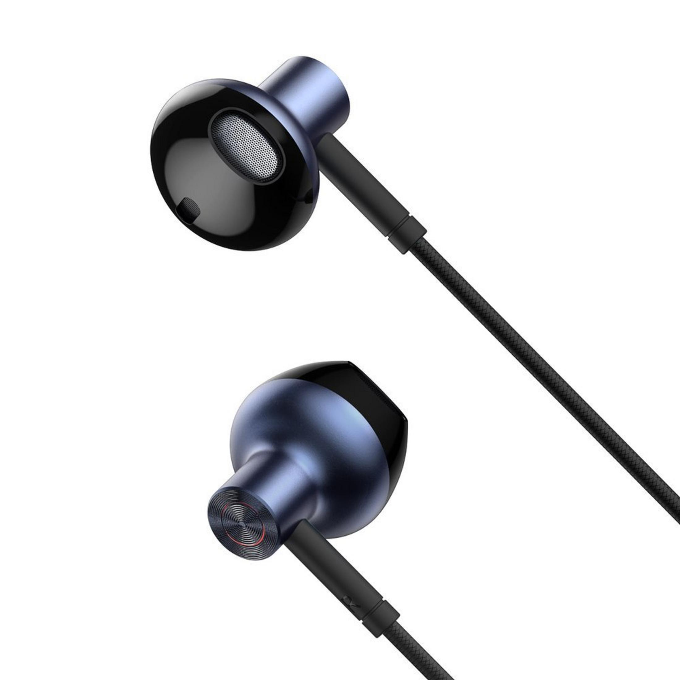Auricolari blu scuro con accenti neri lucidi e cavo intrecciato.