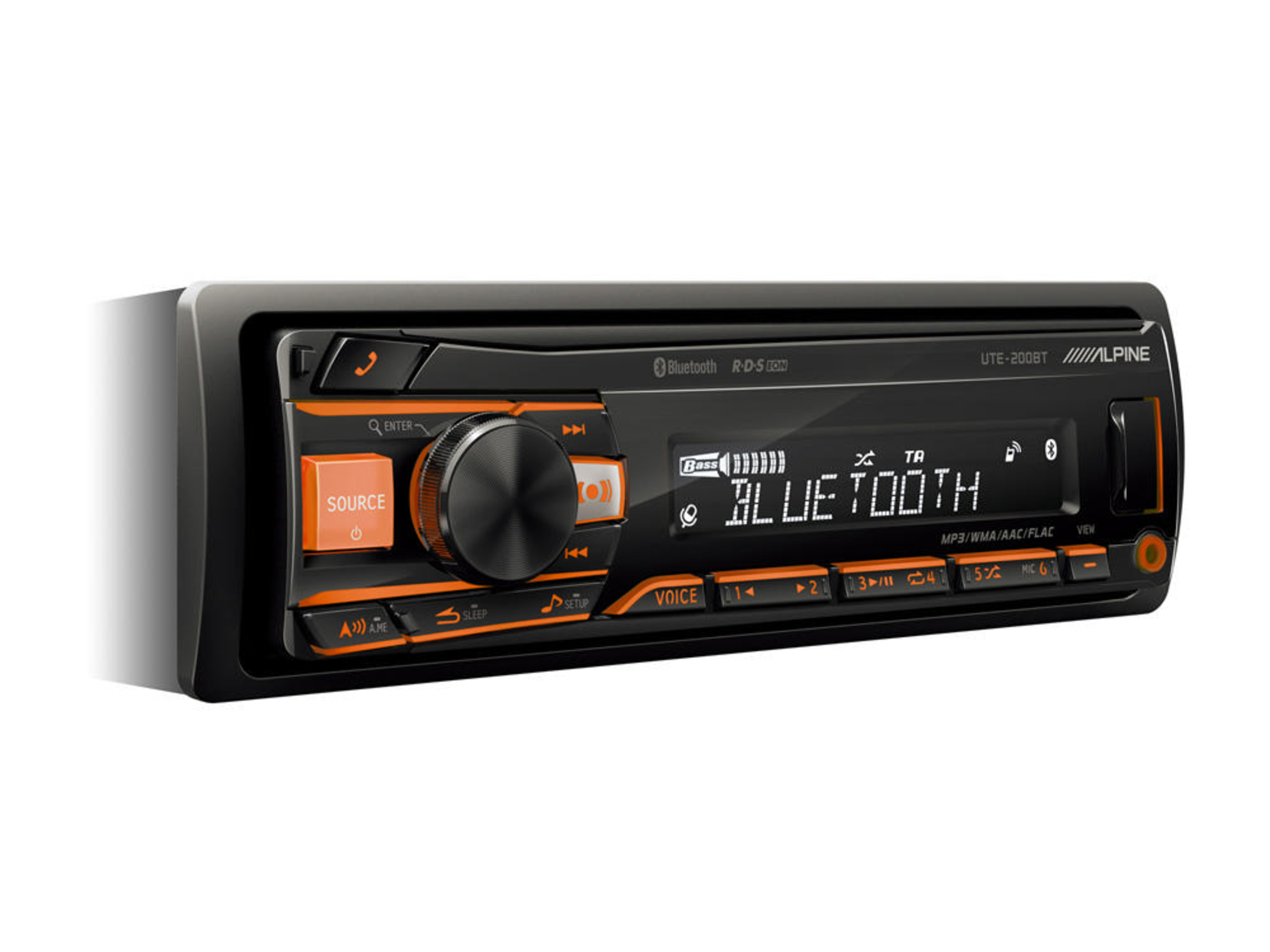 Ein Alpine Autoradio mit Bluetooth und einem drehbaren Knopf.