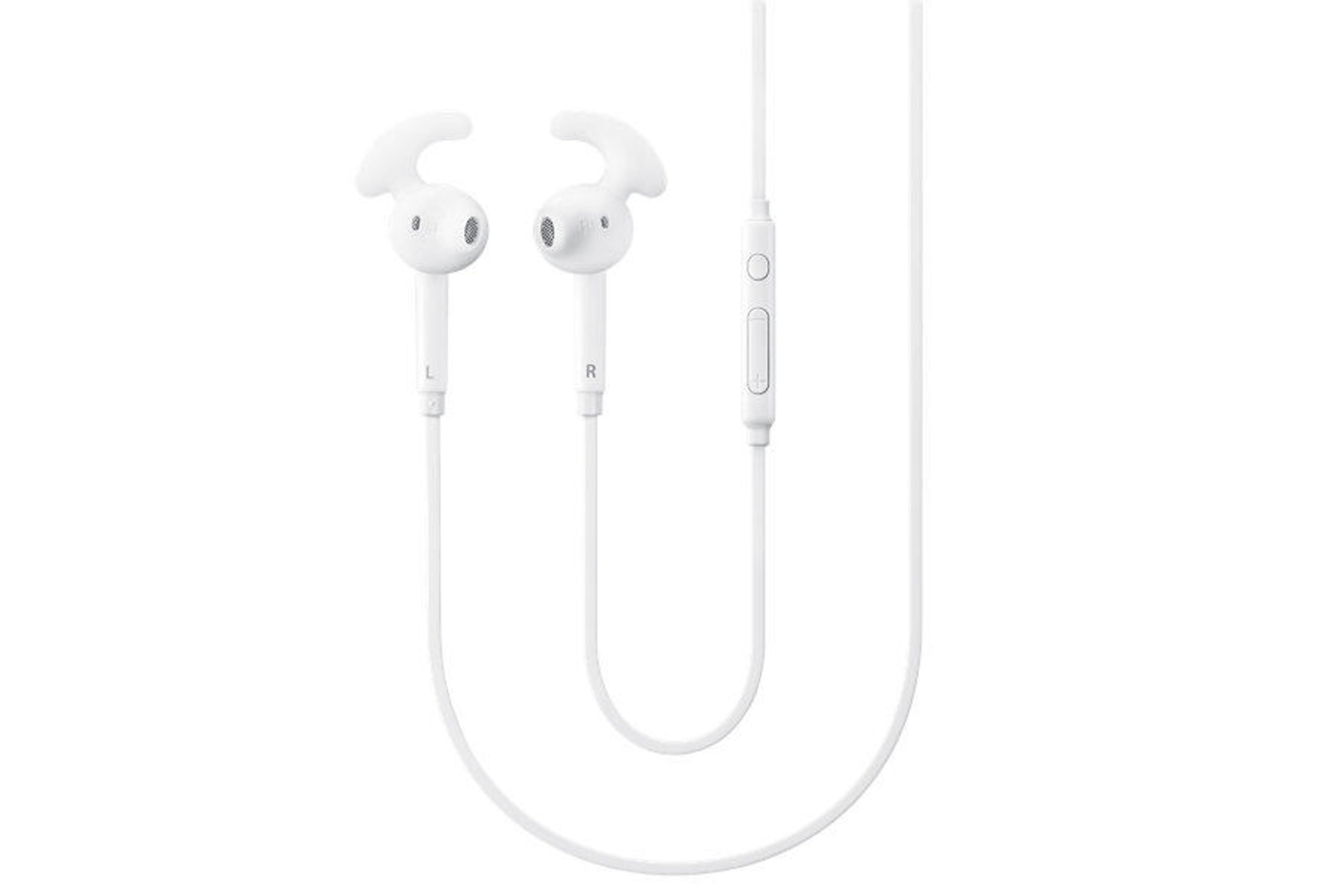 Białe słuchawki douszne z kablem i pilotem.