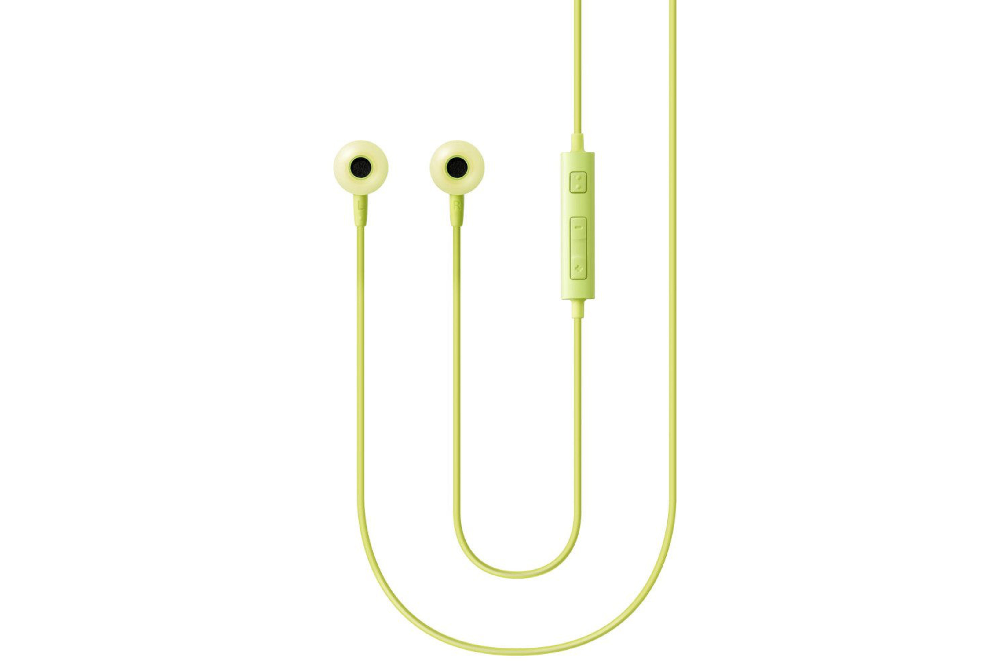 Auricolari giallo chiaro con telecomando su sfondo bianco.