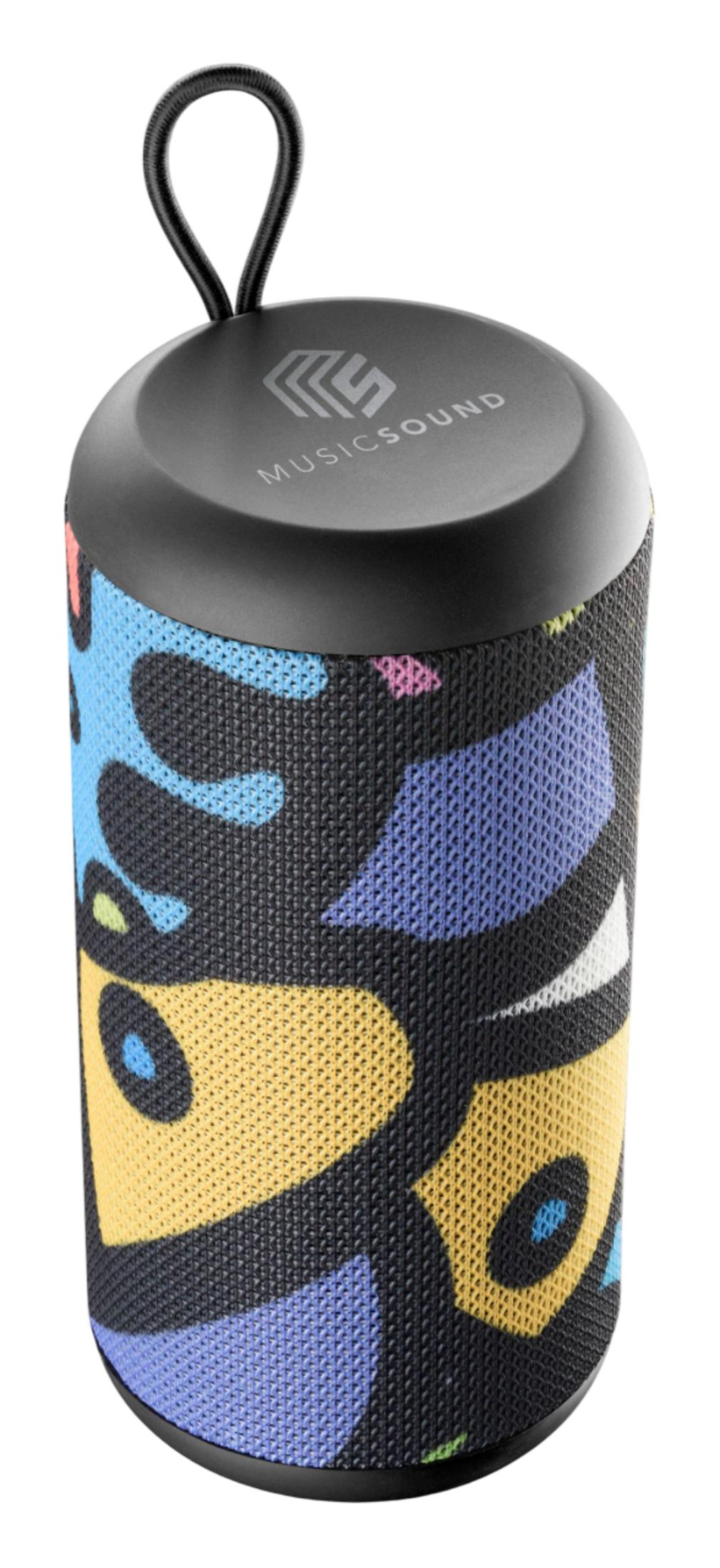 Czarny głośnik z kolorowymi plamami w kolorach niebieskim, żółtym i różowym, z pętlą.
