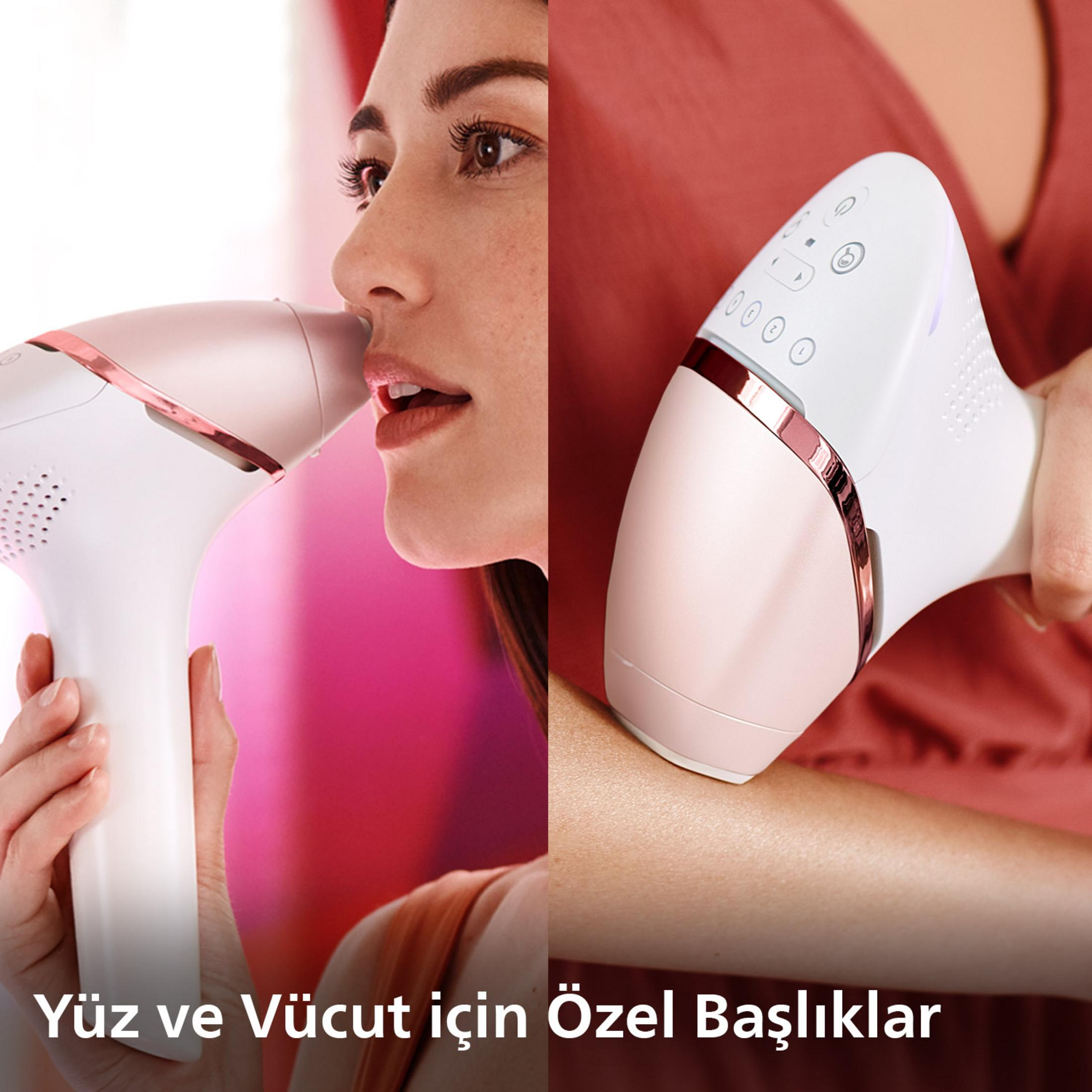 İki el, IPL tüy dökücü cihaz tutuyor. Bir kadın yüzünde, diğeri kolunda kullanıyor.