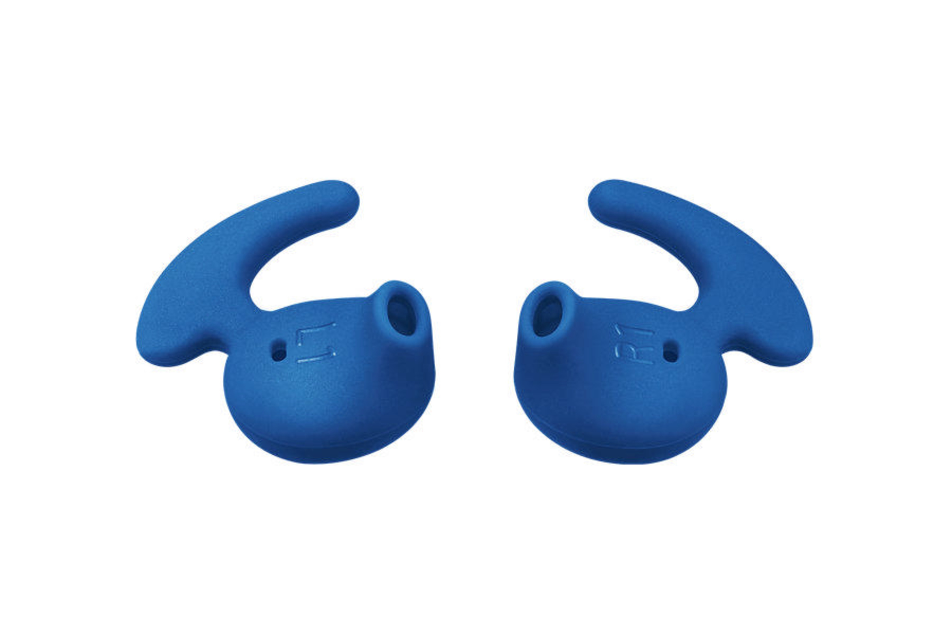 Dwie niebieskie końcówki słuchawek z zaczepami na uszy, oznaczone lewa i prawa.