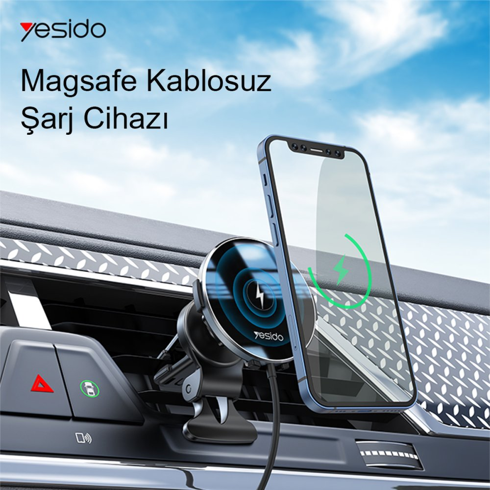 Kablosuz şarj olan bir telefonu tutan siyah MagSafe araç tutucu.