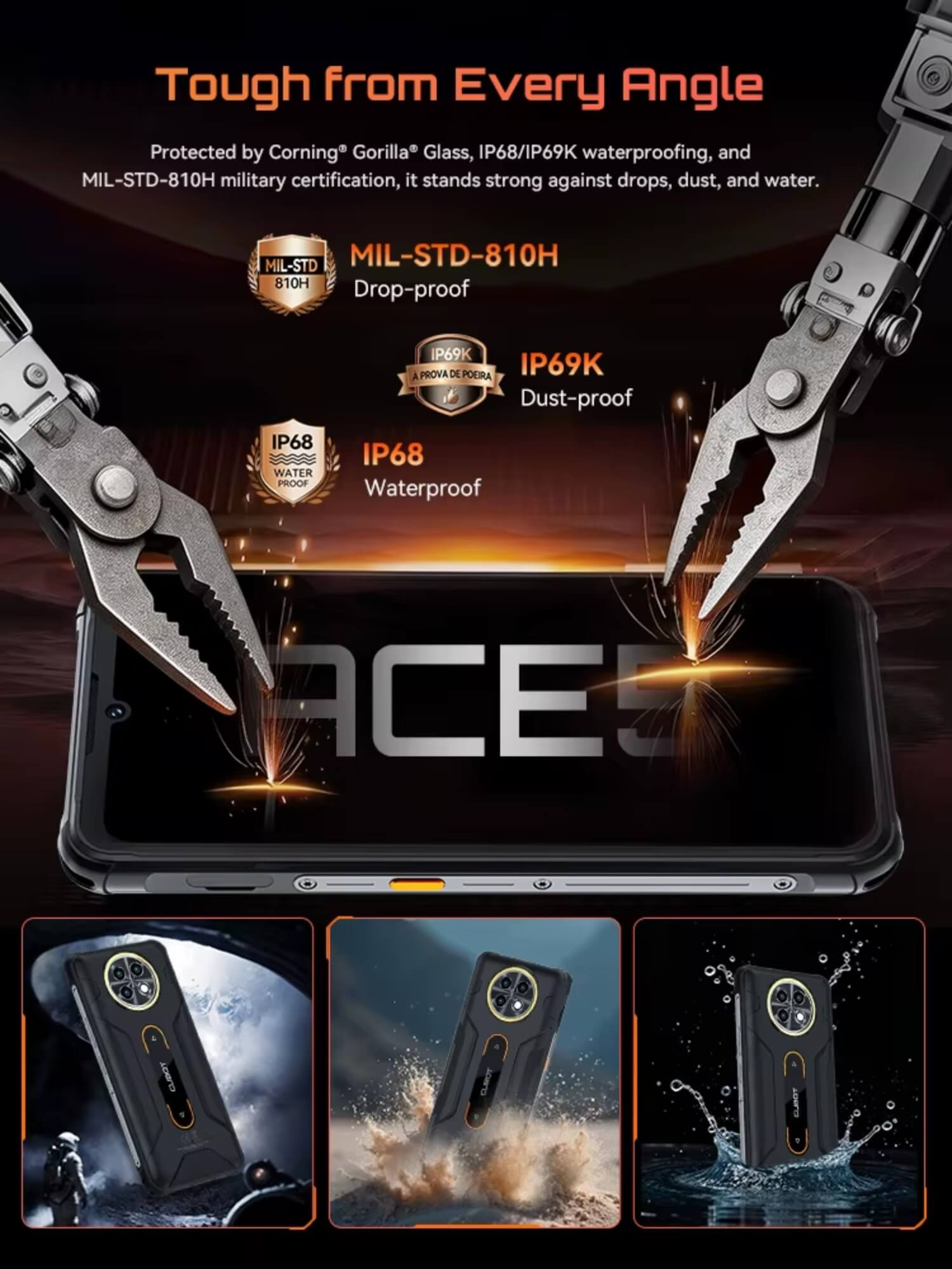 Wytrzymały smartfon pośrodku, otoczony trzema scenariuszami: kosmos, kurz i woda.