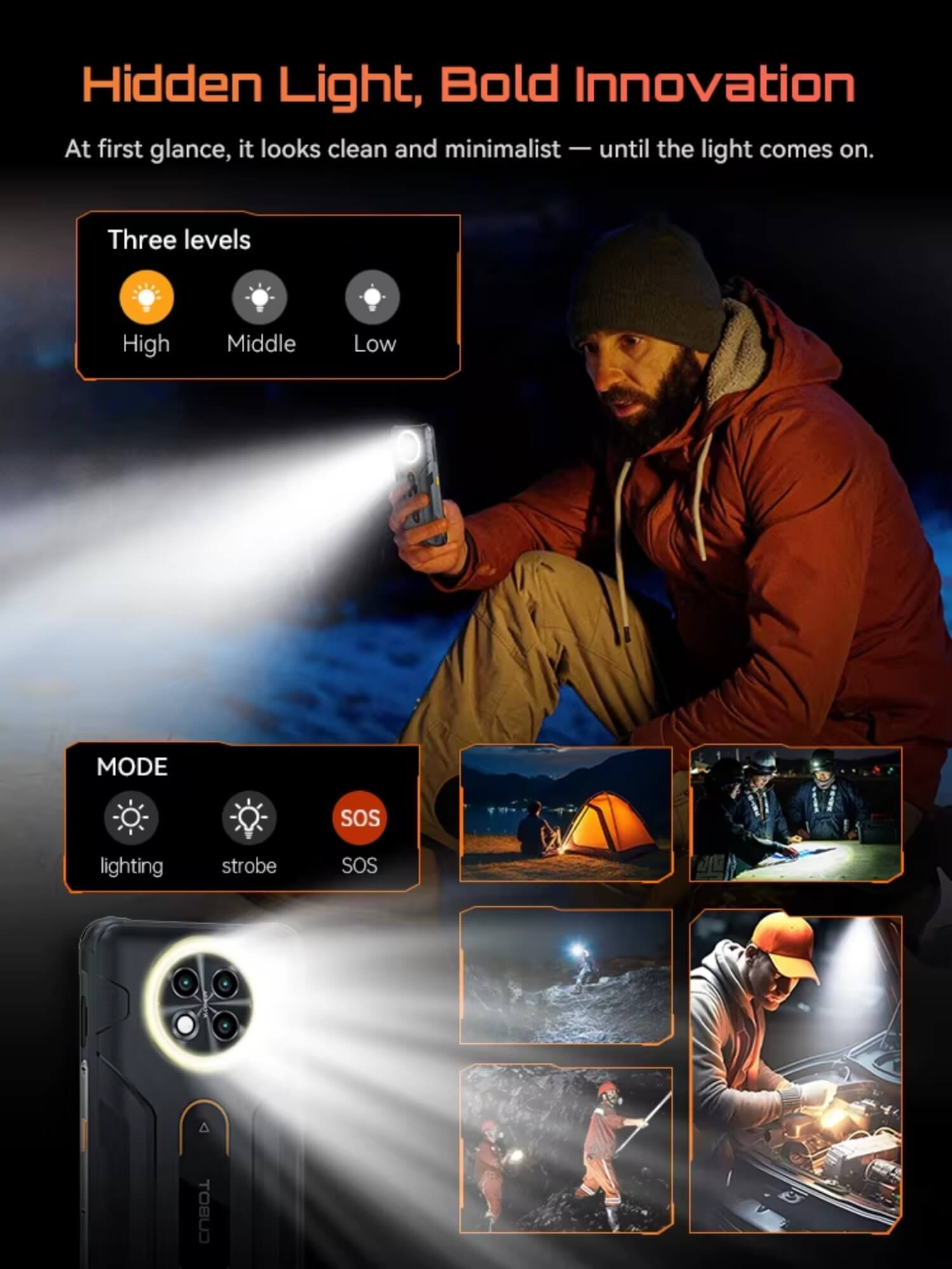 Mężczyzna z latarką w telefonie i różnymi trybami światła na zewnątrz.