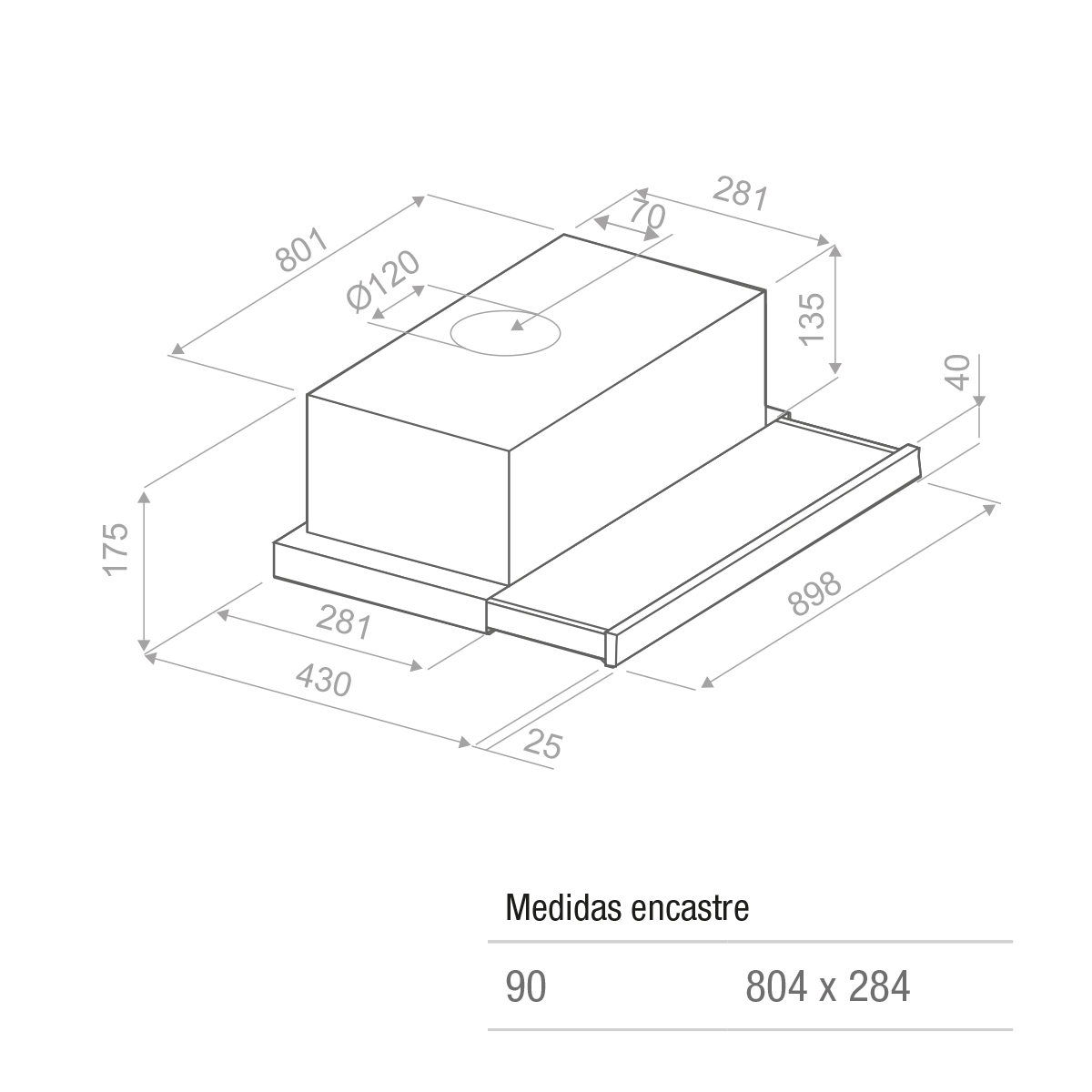 Dibujo técnico de una campana extractora con medidas.