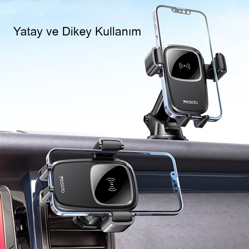 Araba gösterge panelinde iki siyah telefon tutucu, biri dikey, biri yatay.