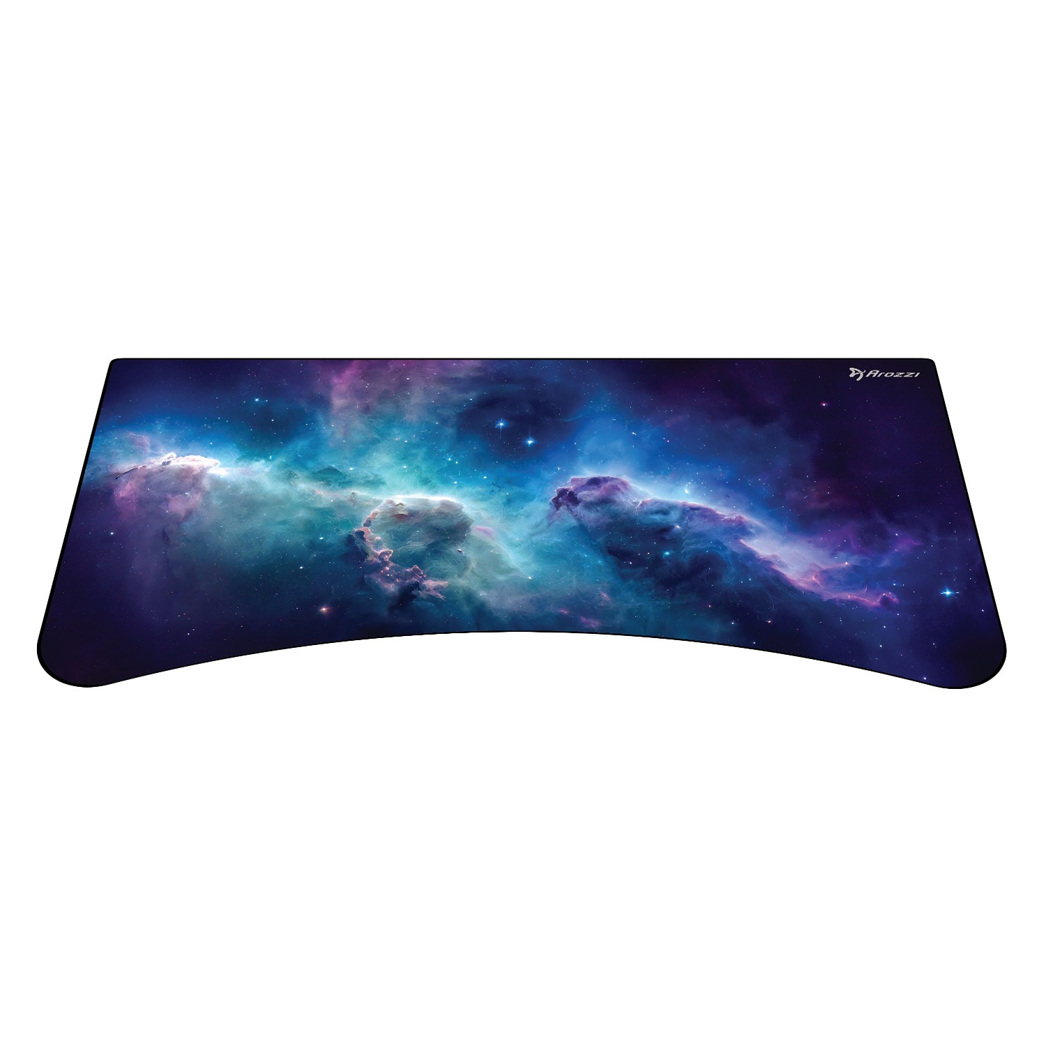 Een muismat met een kosmisch nevelontwerp in blauw- en paarskleuren.