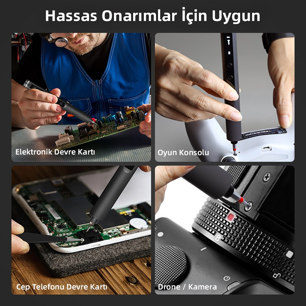 Dört resim elektronik onarımını gösterir: devre kartı, oyun konsolu, telefon, drone/kamera.