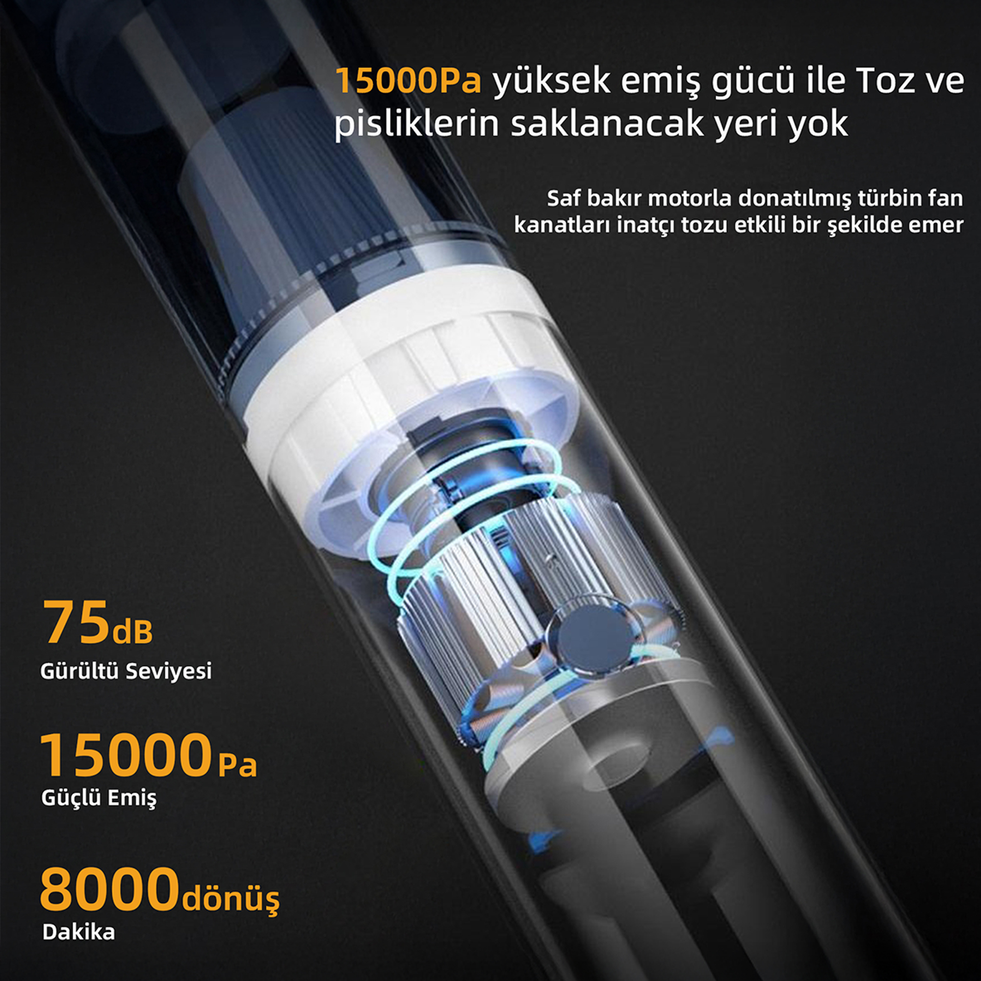 15000Pa emiş gücüne ve 8000 devir/dakikaya sahip el süpürgesi detayı.