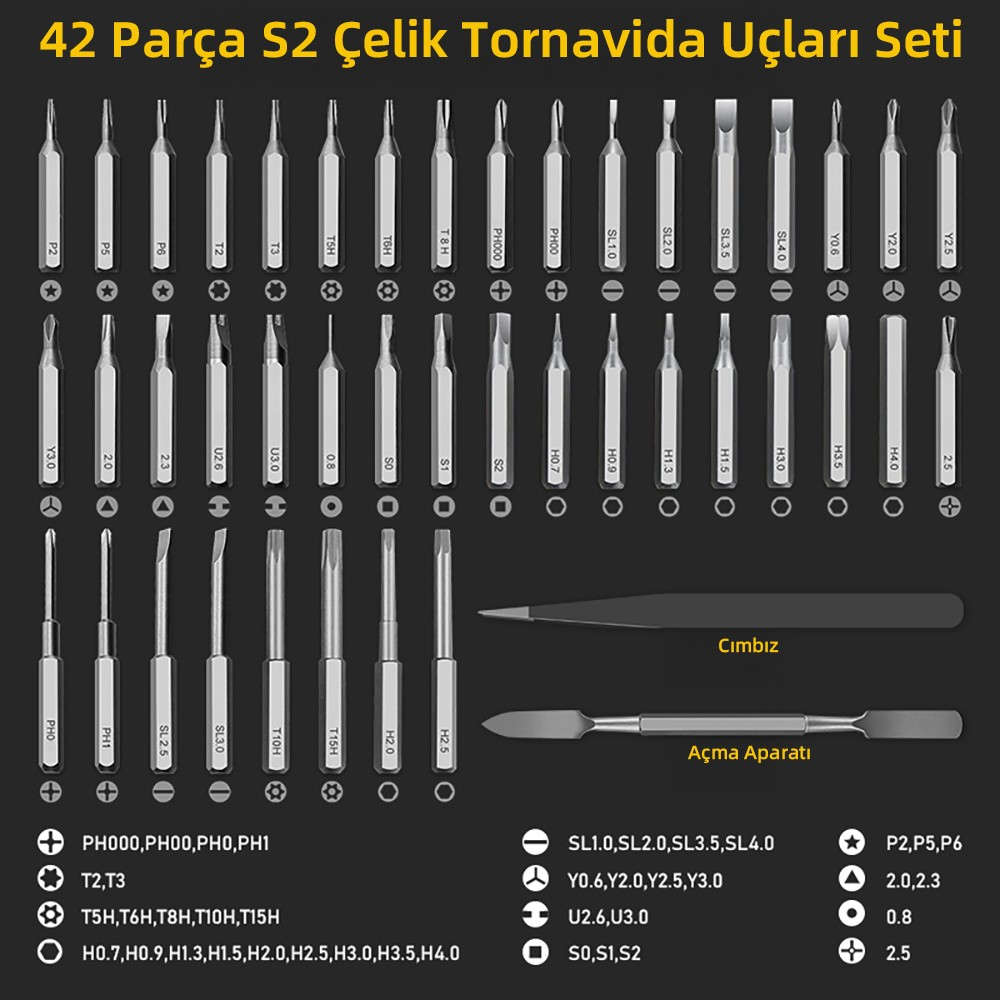 Cımbız ve açma aparatı ile 42 parça S2 çelik tornavida ucu seti.