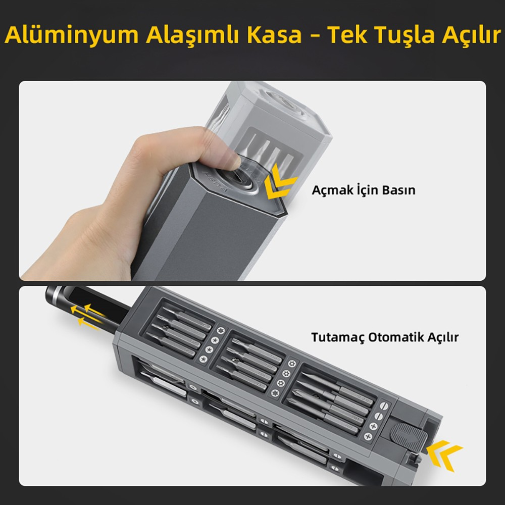 Tornavida uçlu gri kutu. Bir parmak bir düğmeye basıyor.