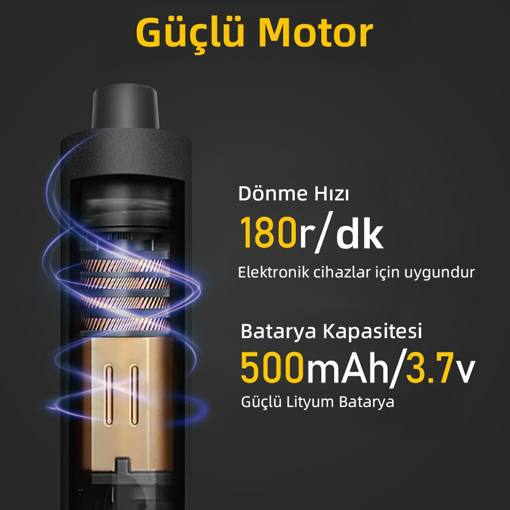 180 devir/dak ve 500 mAh/3,7 V bataryalı güçlü motorun iç görünümü.