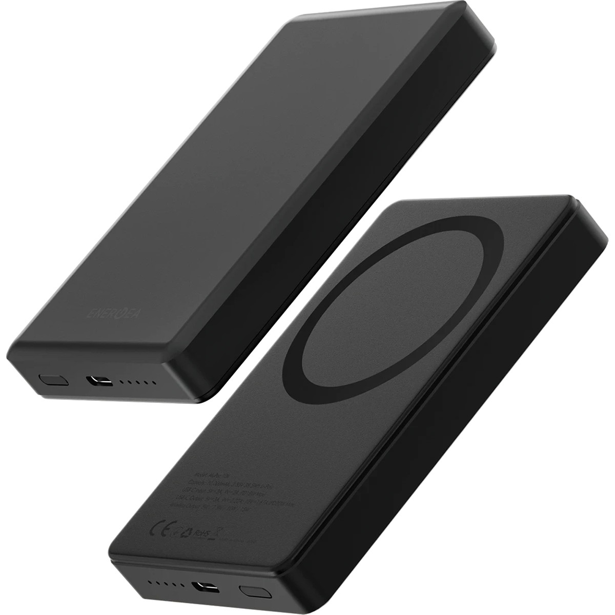 İki siyah powerbank yan yana duruyor. Birinin üzerinde dairesel bir işaret var.