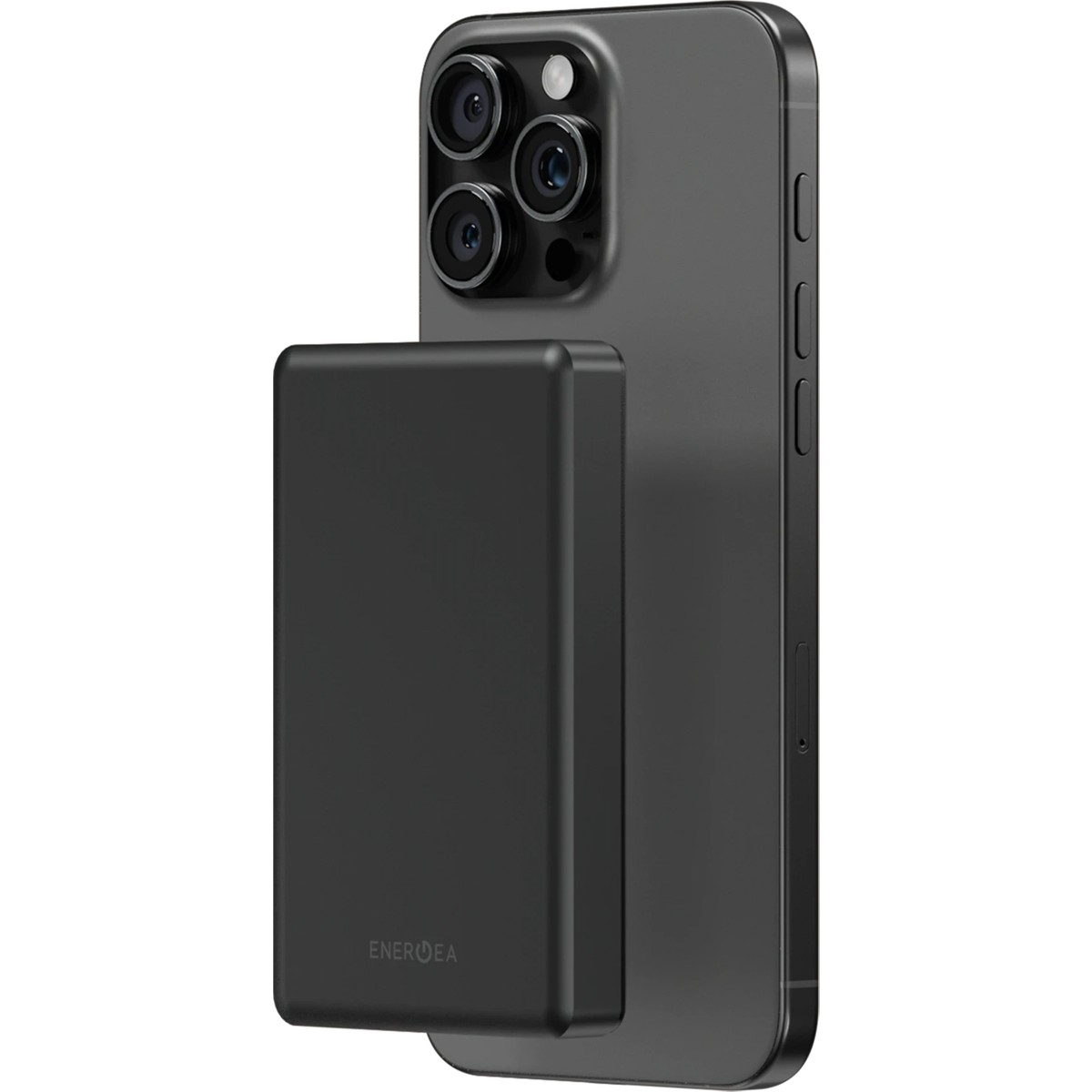 Arkasında siyah manyetik powerbank bulunan siyah bir akıllı telefon.