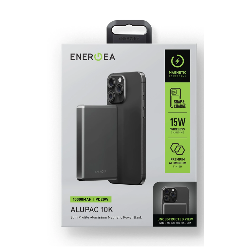 Akıllı telefonlu siyah manyetik powerbank ambalajı.