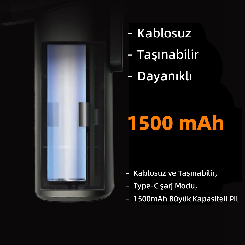Type-C şarjlı, kablosuz, taşınabilir ve dayanıklı 1500 mAh pil.