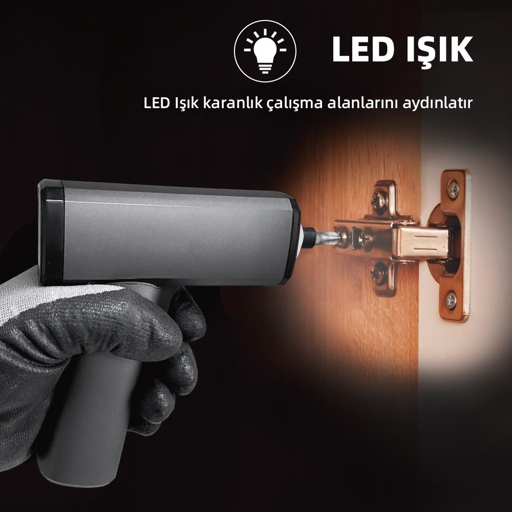 Eldivenli el, dolap menteşesini aydınlatan LED ışıklı gri matkap tutuyor.