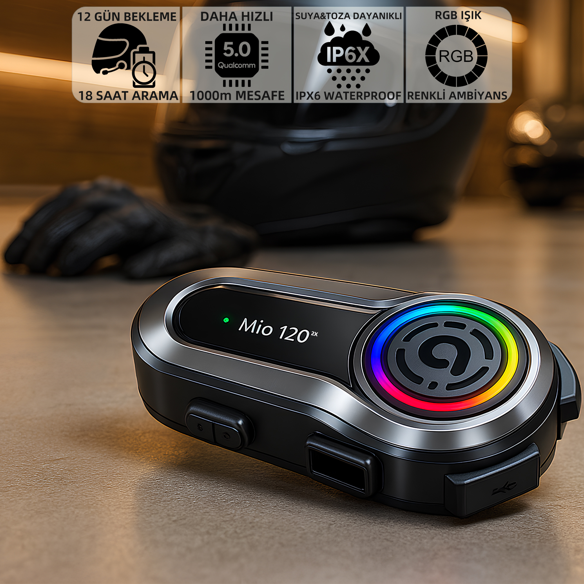 Mio 120x iletişim cihazı, RGB ışıklı, IP6X, 18 saat pil.