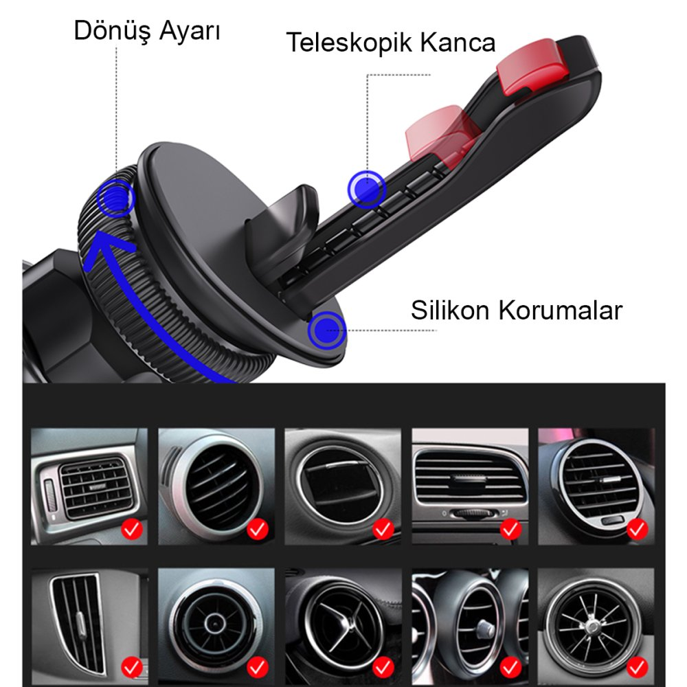 Teleskopik kollu ve silikon tutamaklı araç telefonu tutucu. Havalandırma tiplerini gösterir.