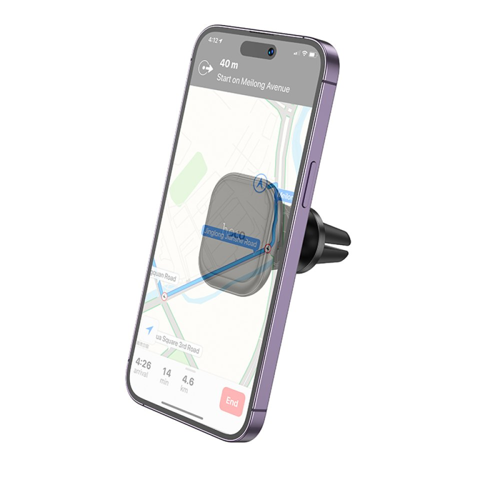 Navigasyon uygulamalı ve havalandırma montajlı mor telefon.