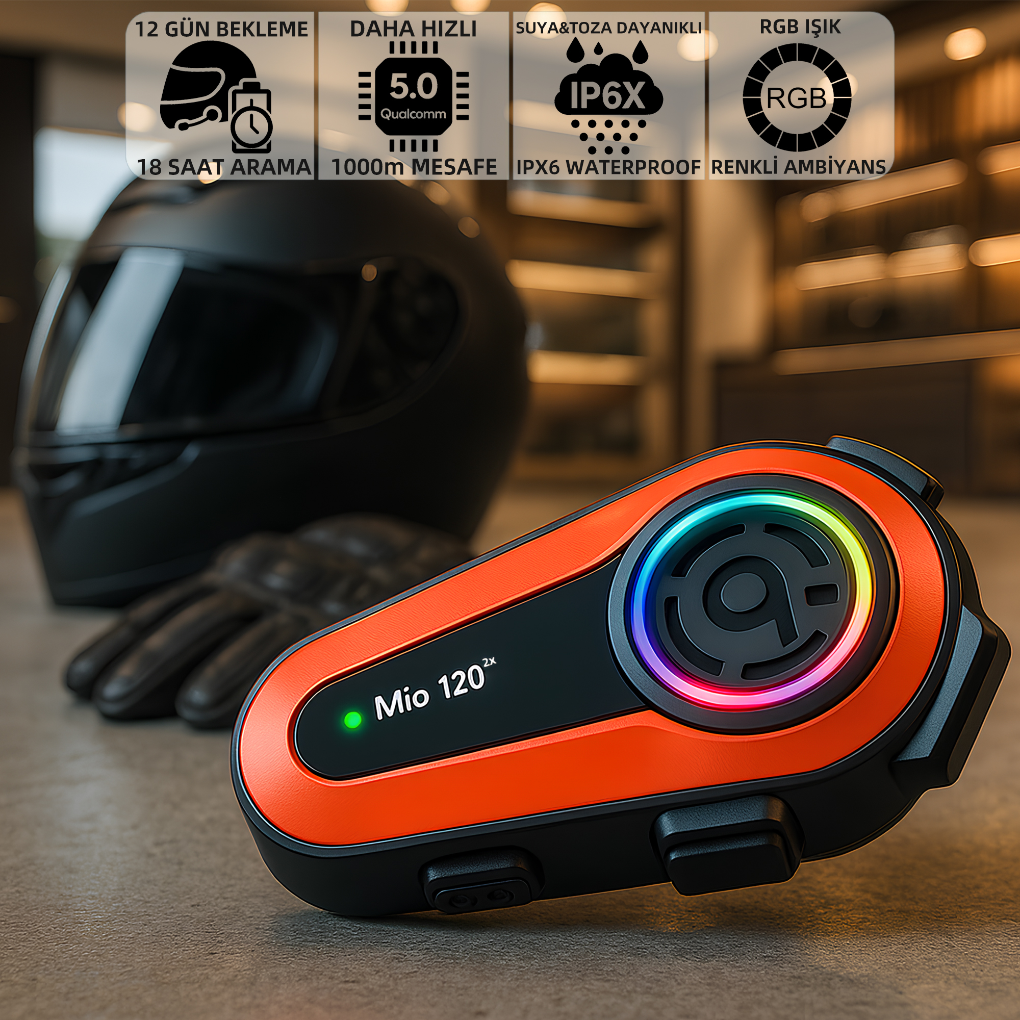 MIOJI Mio 120 2x RGB 1000mAh IPX6 1500m 2 Kişilik Bluetooth Intercom Motosiklet Bluetooth Kulaklık Turuncu