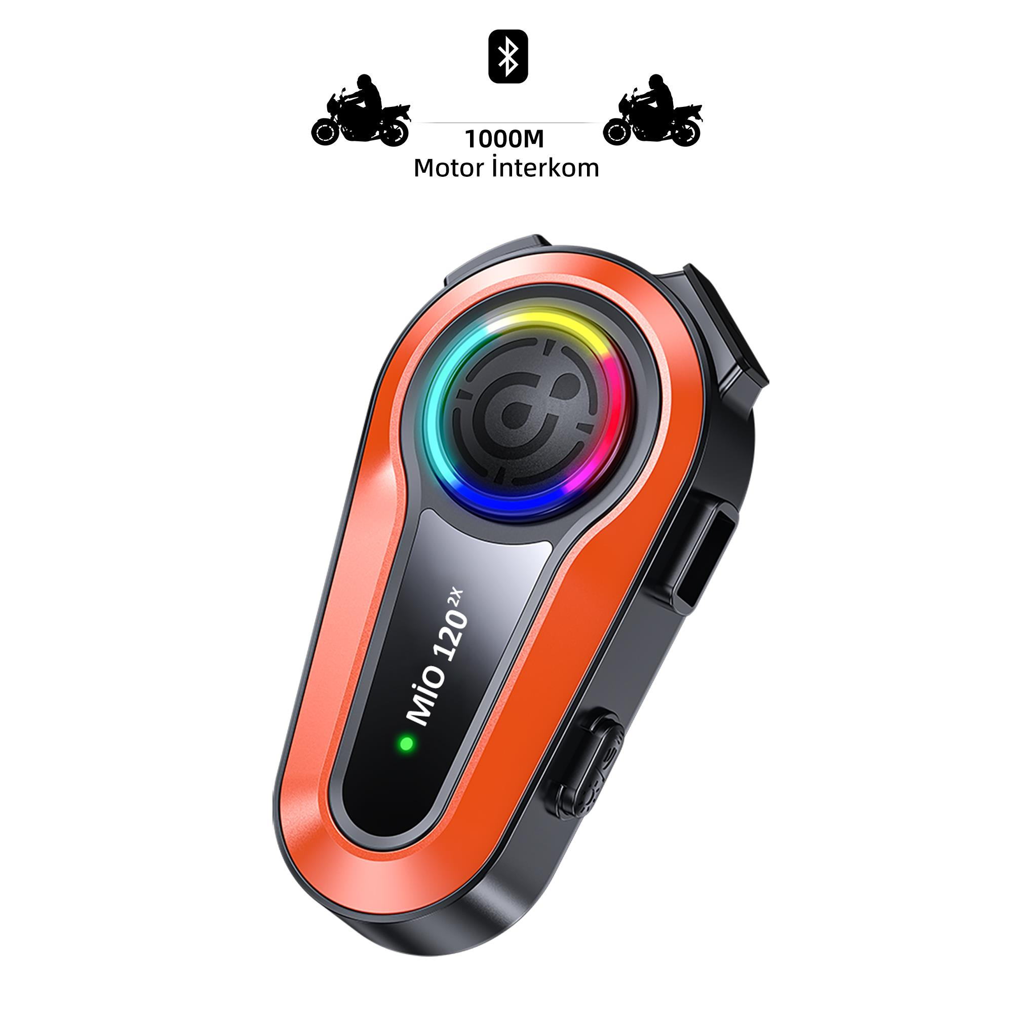Turuncu motosiklet interkomu, Bluetooth sembolü ve motosiklet silüetleri ile.