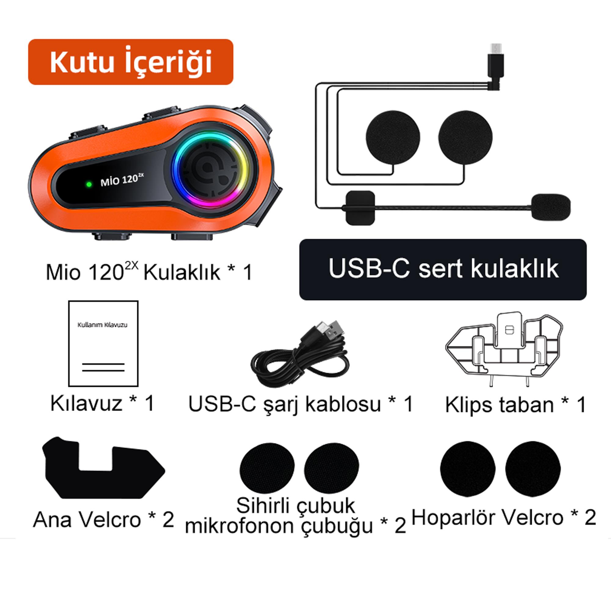 Kutu içeriği: Turuncu Mio 120x kulaklık, mikrofon, USB-C kablosu, klips, cırt cırt.
