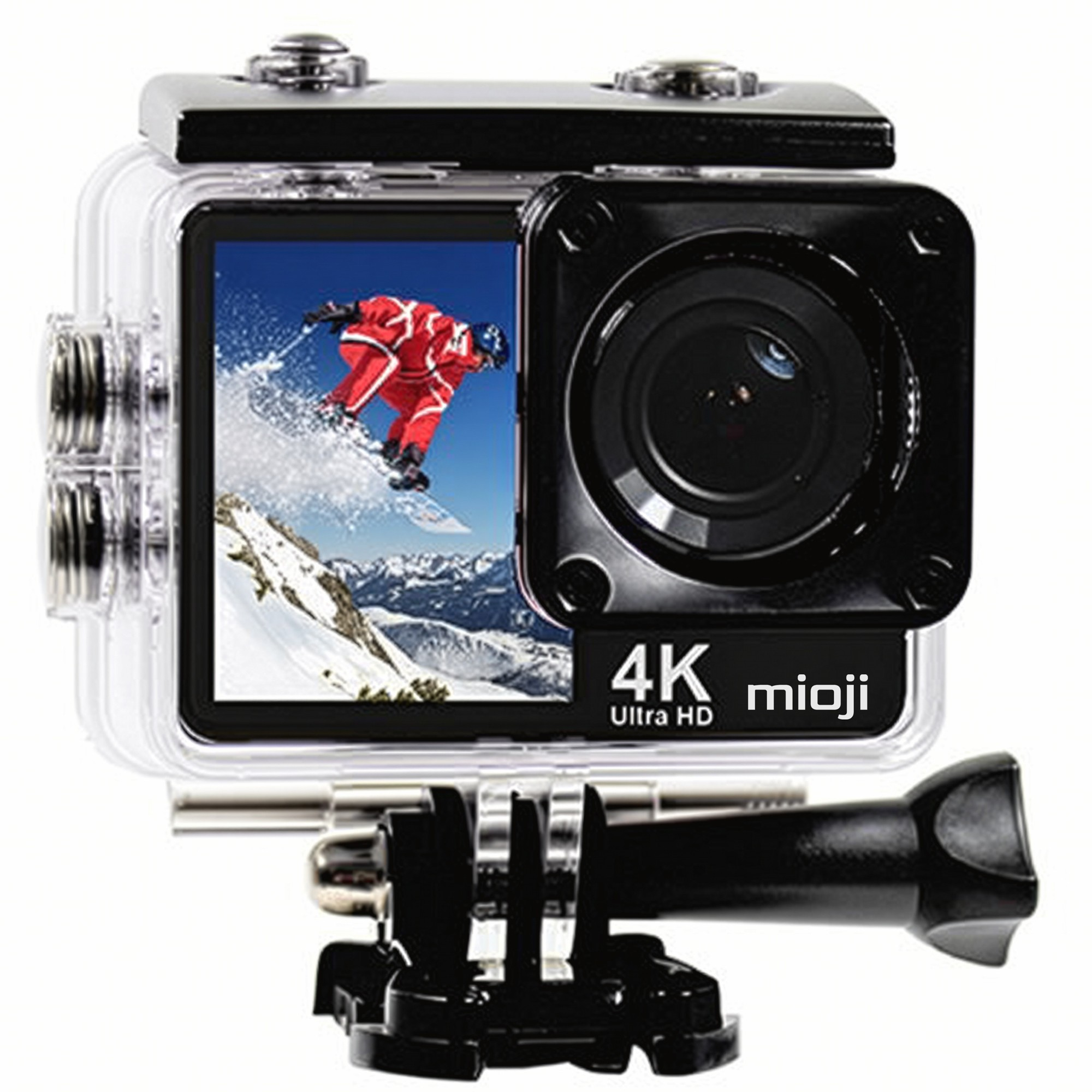 Ekranında snowboardcu ve takılı montajı olan bir aksiyon kamerası.