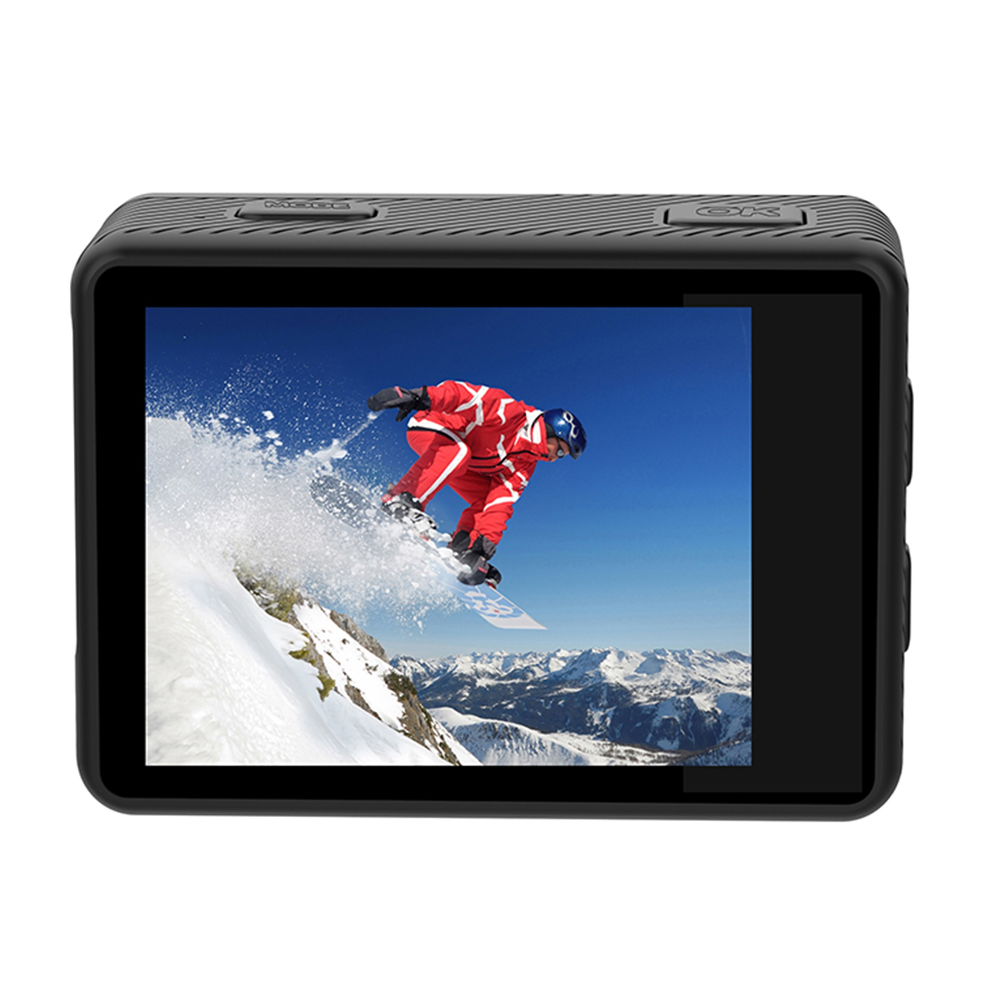 Kırmızı takım elbiseli bir snowboardcu karlı dağların önünde zıplıyor.