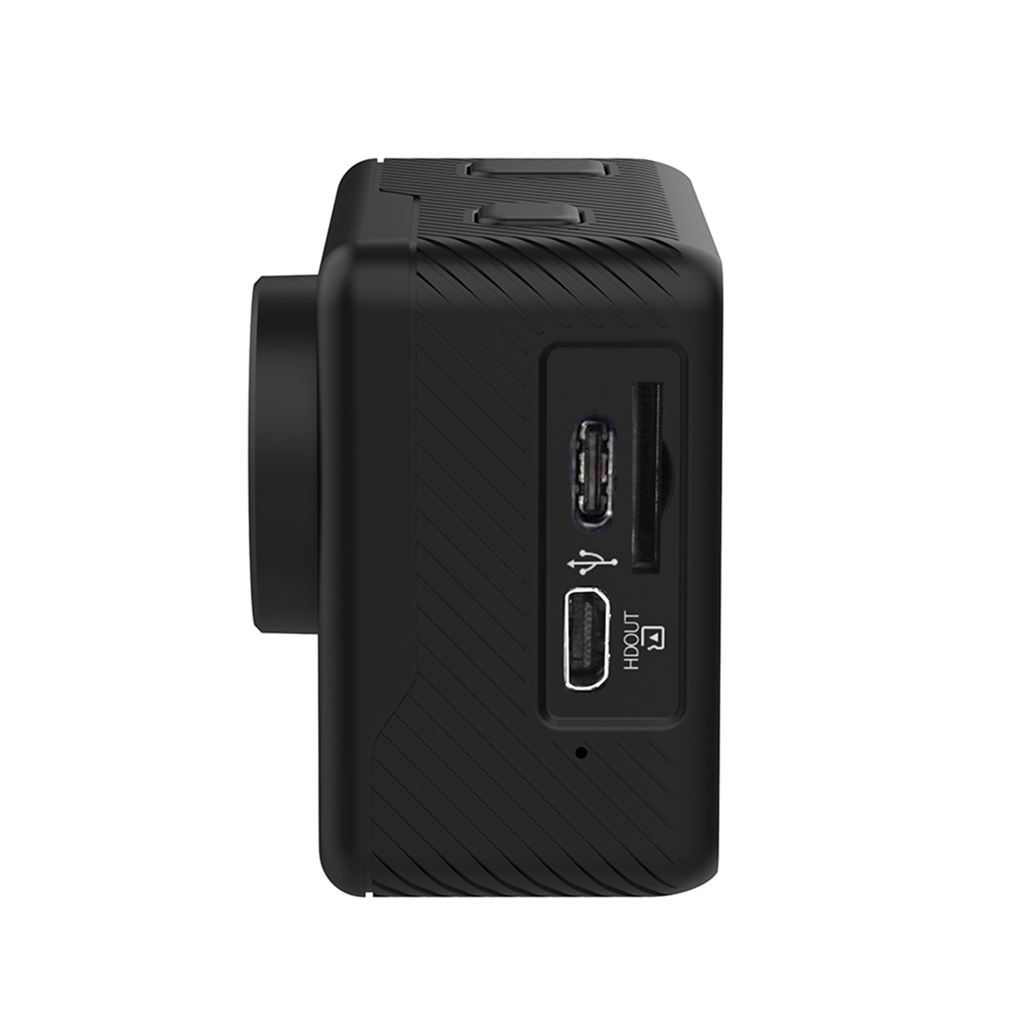 Yan tarafında USB, HDMI bağlantı noktaları ve SD kart yuvası bulunan siyah aksiyon kamerası.