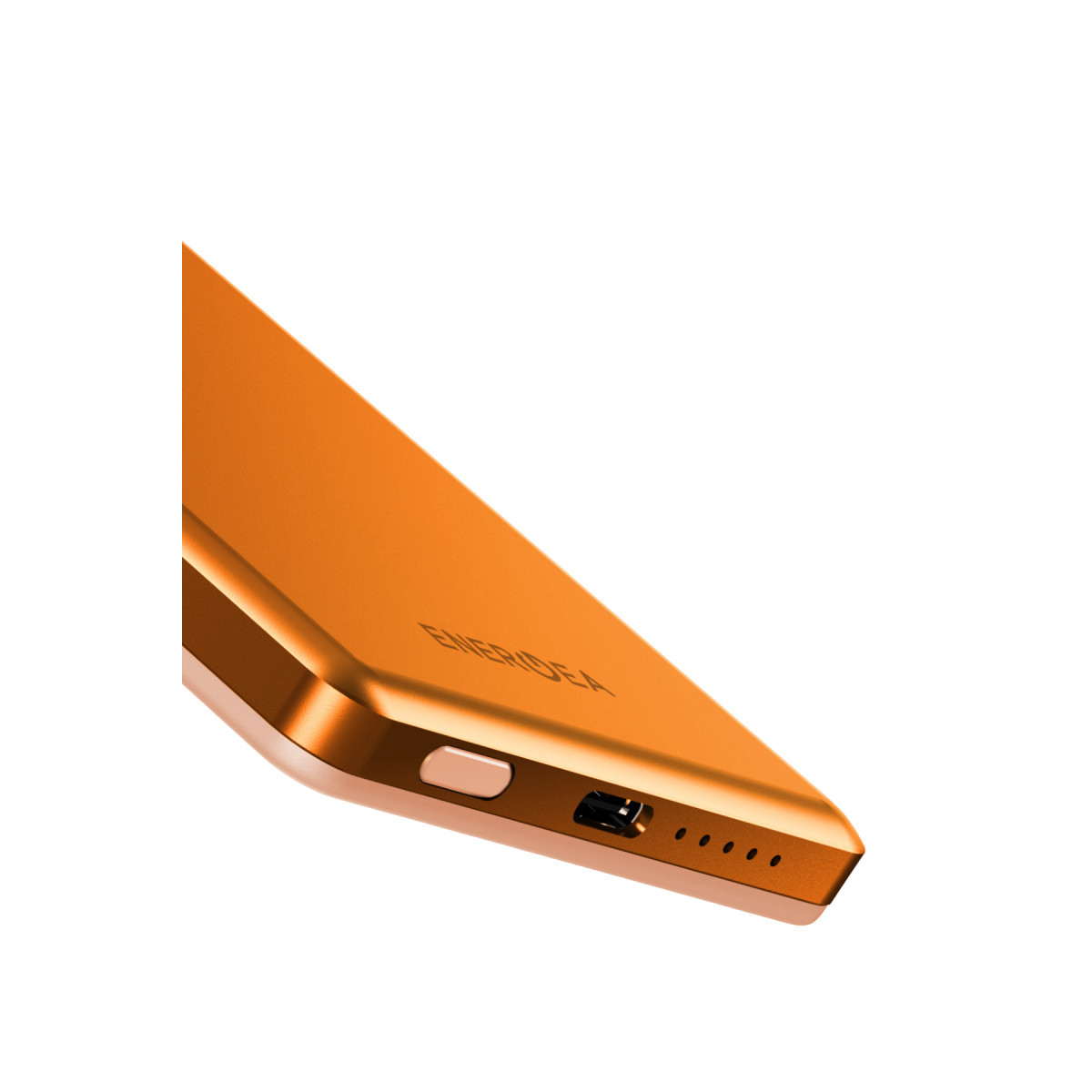 Güç düğmesi ve şarj bağlantı noktasına sahip turuncu powerbank.