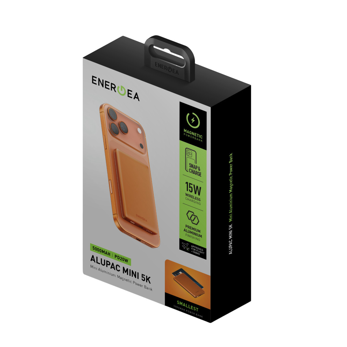 Detaylı ürün bilgileri içeren turuncu manyetik powerbank ambalajı.