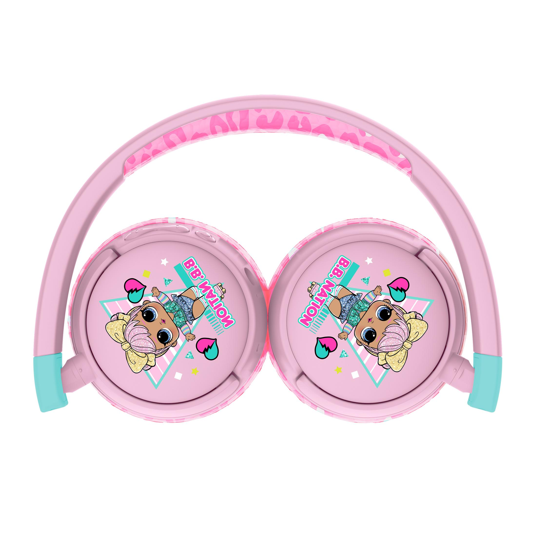Cuffie rosa con grafica LOL doll e fascia leopardata.