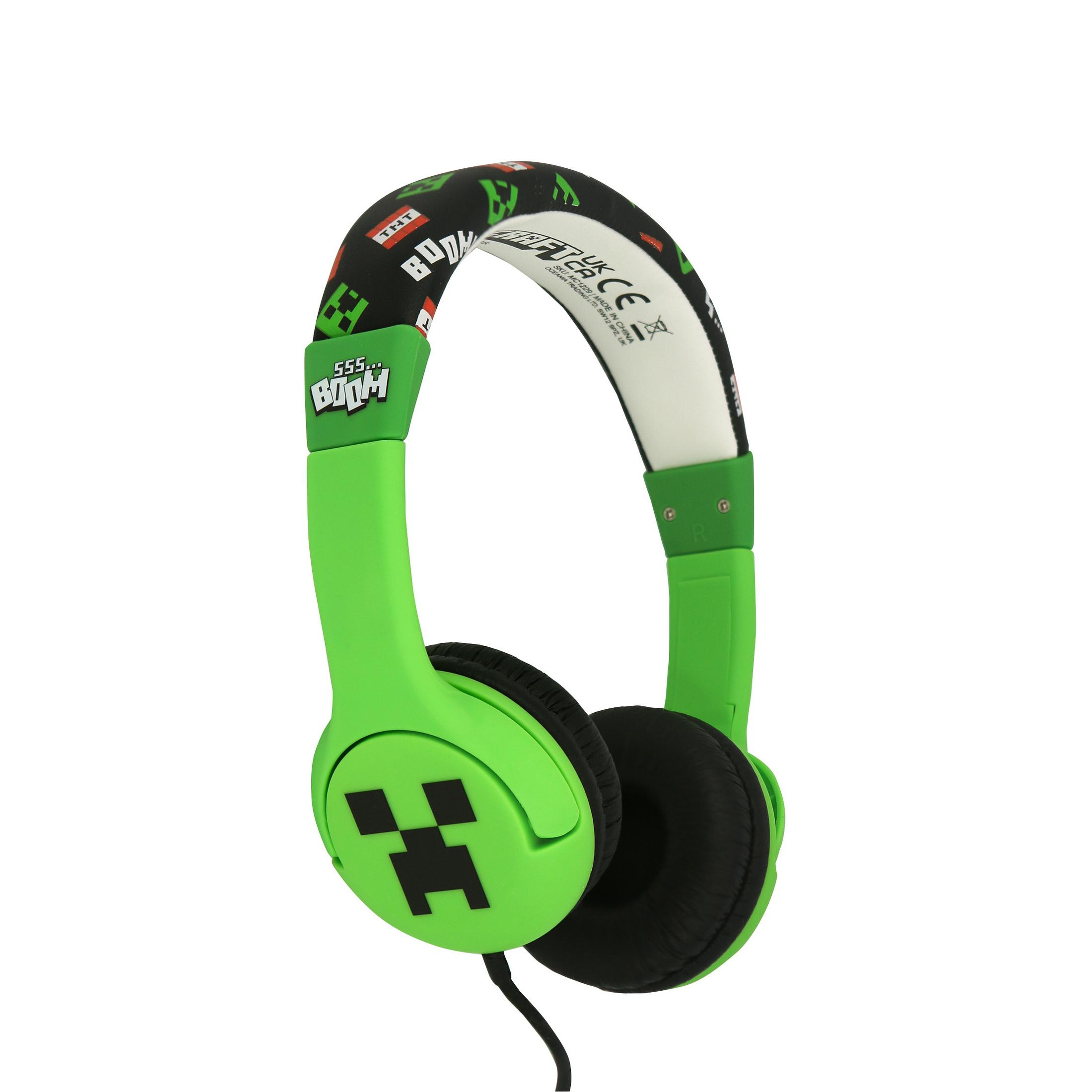 Auriculares verdes de Minecraft con diadema negra y estampado TNT.