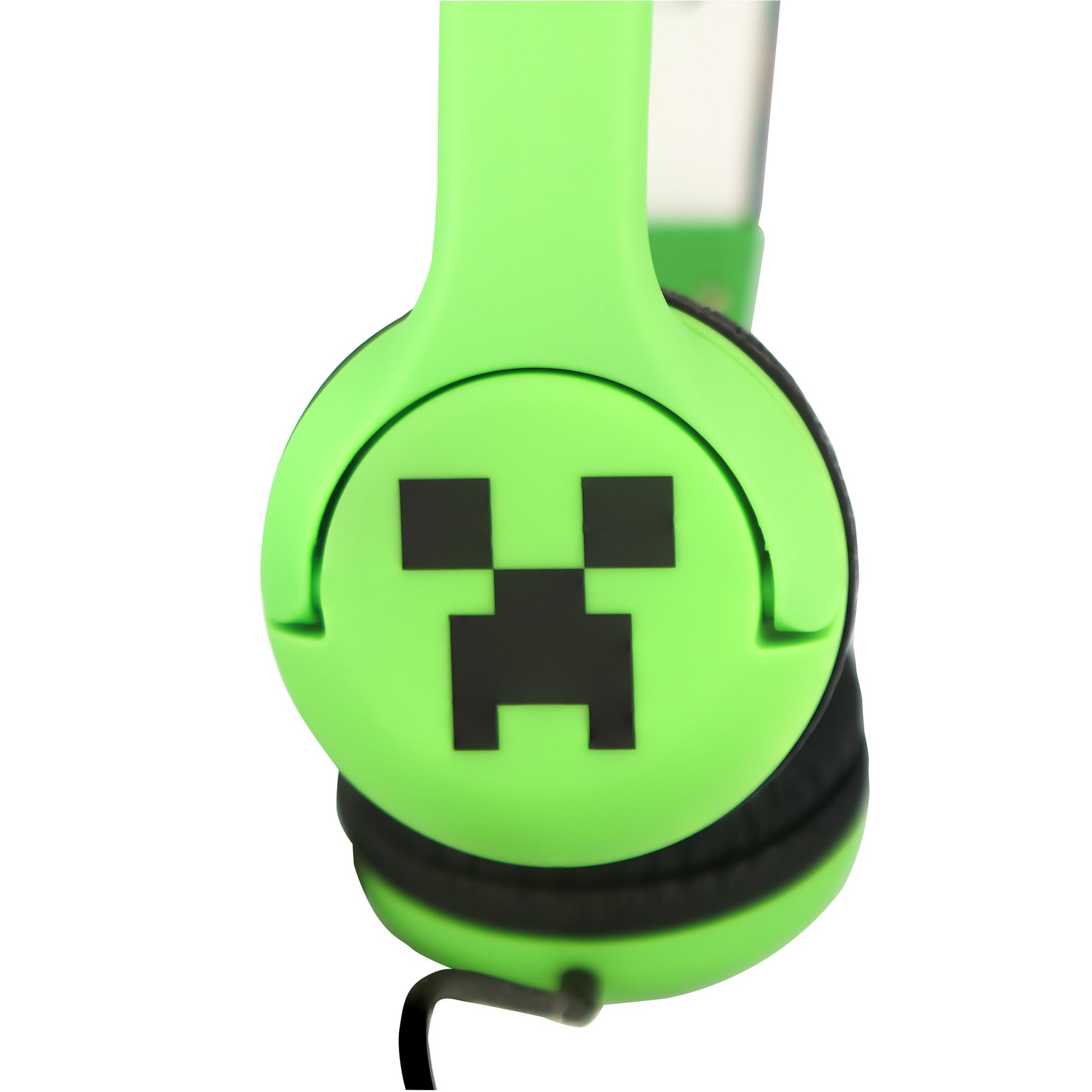 Auriculares verdes con cara de Minecraft Creeper y cable negro.