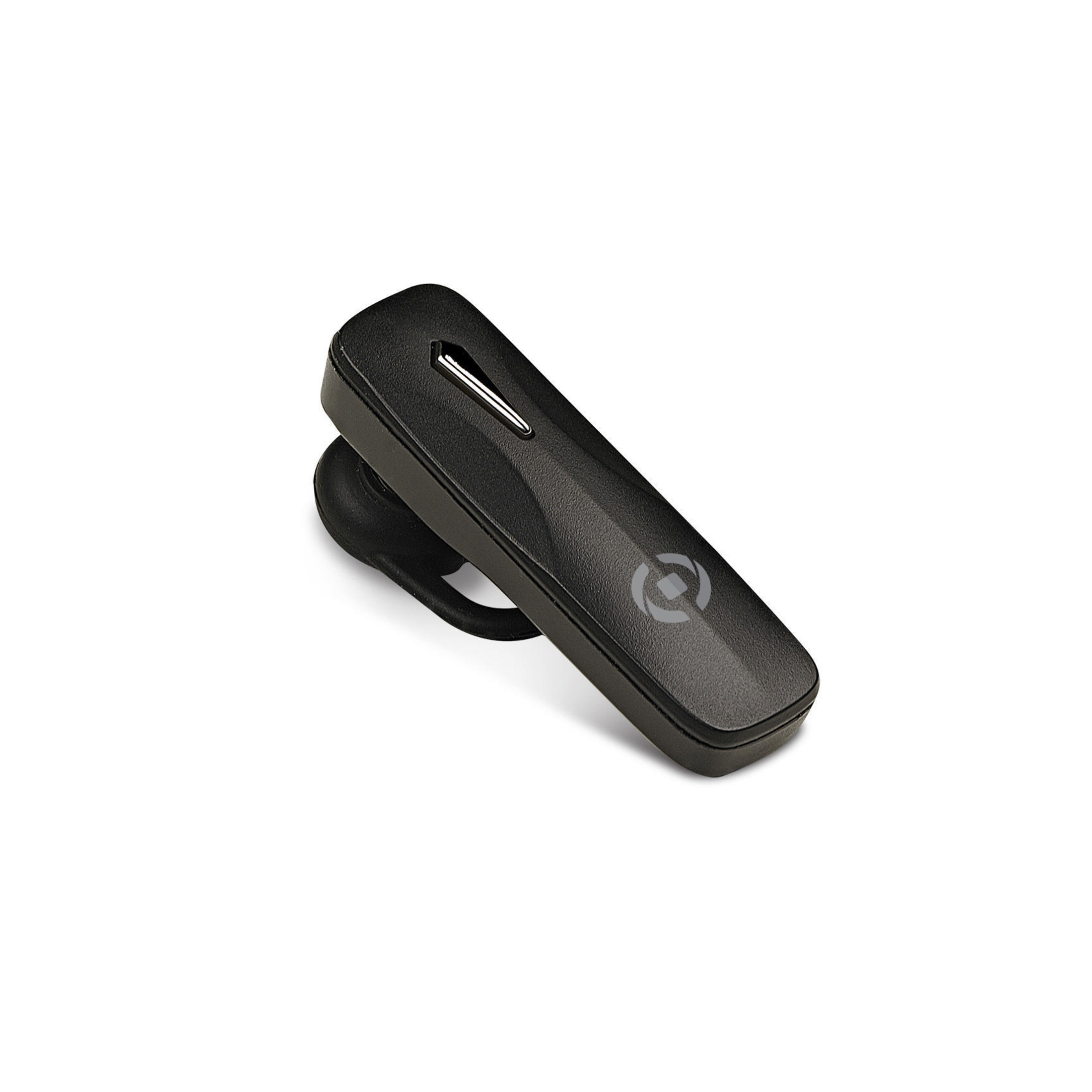 Ein schwarzes Bluetooth-Headset mit einem silbernen Akzent und einem Logo.
